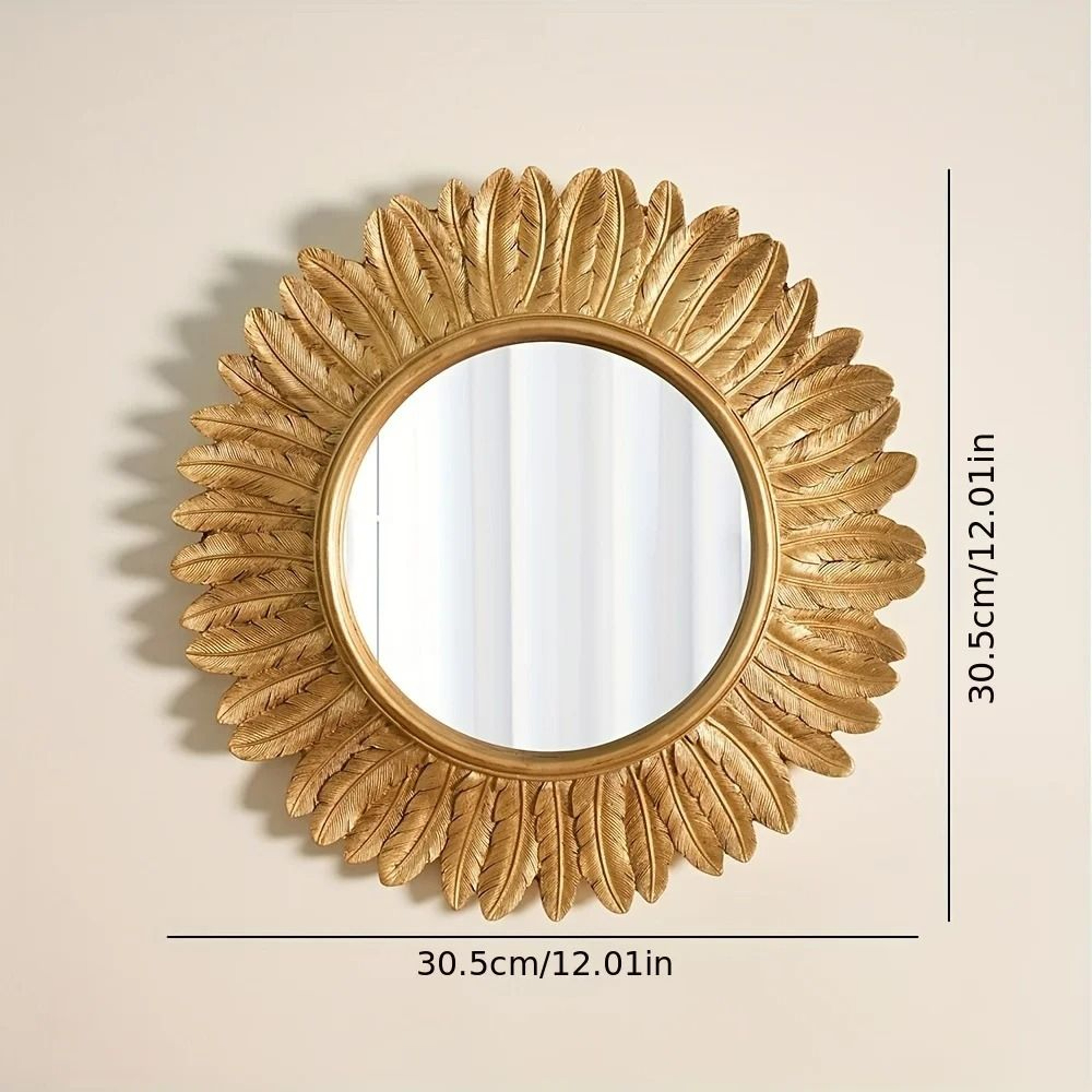 Vintage Gold Feather Round Resin Sunburst Wall Mirror 7