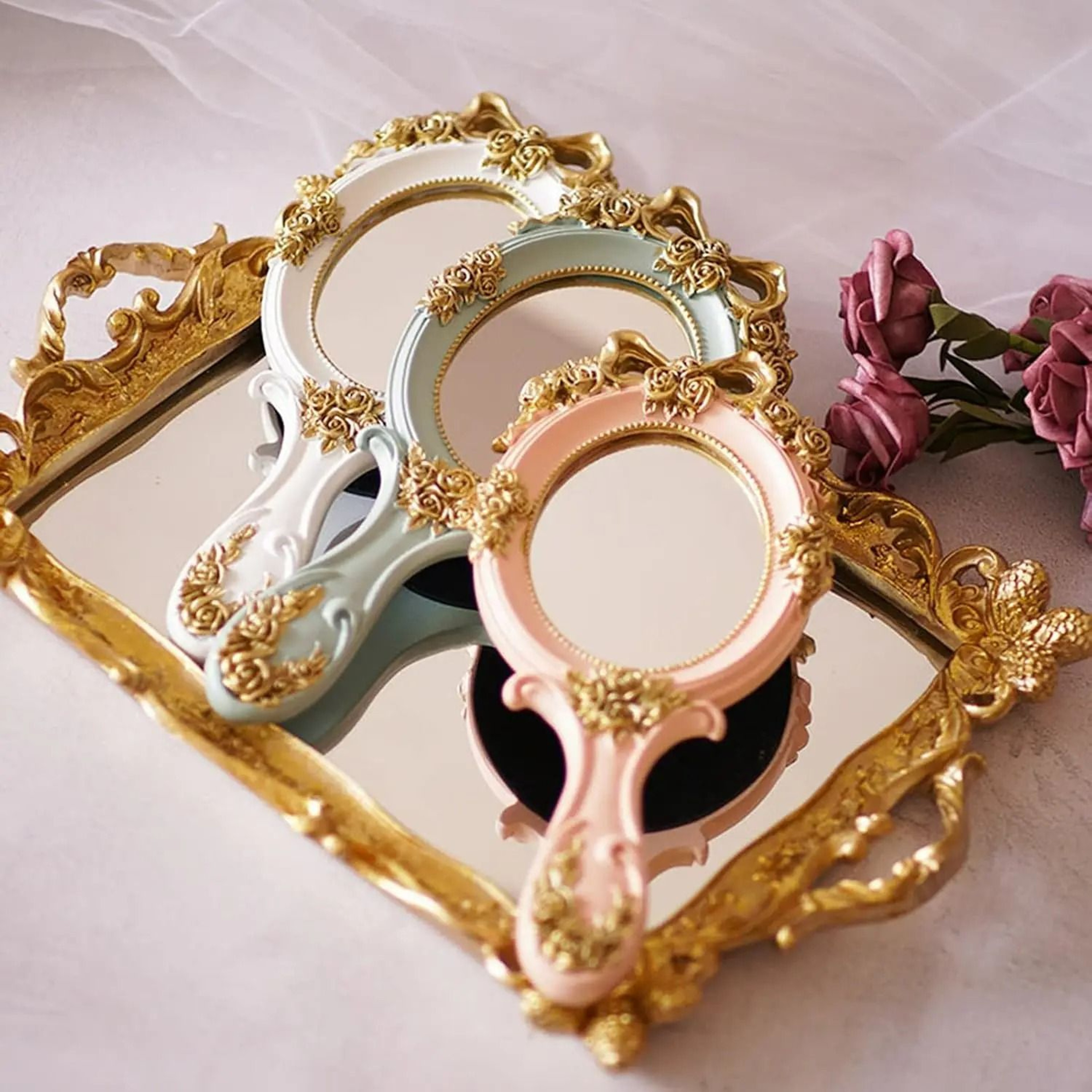 Portable Handheld Metal Princess Mirror With Rose Embossing 3