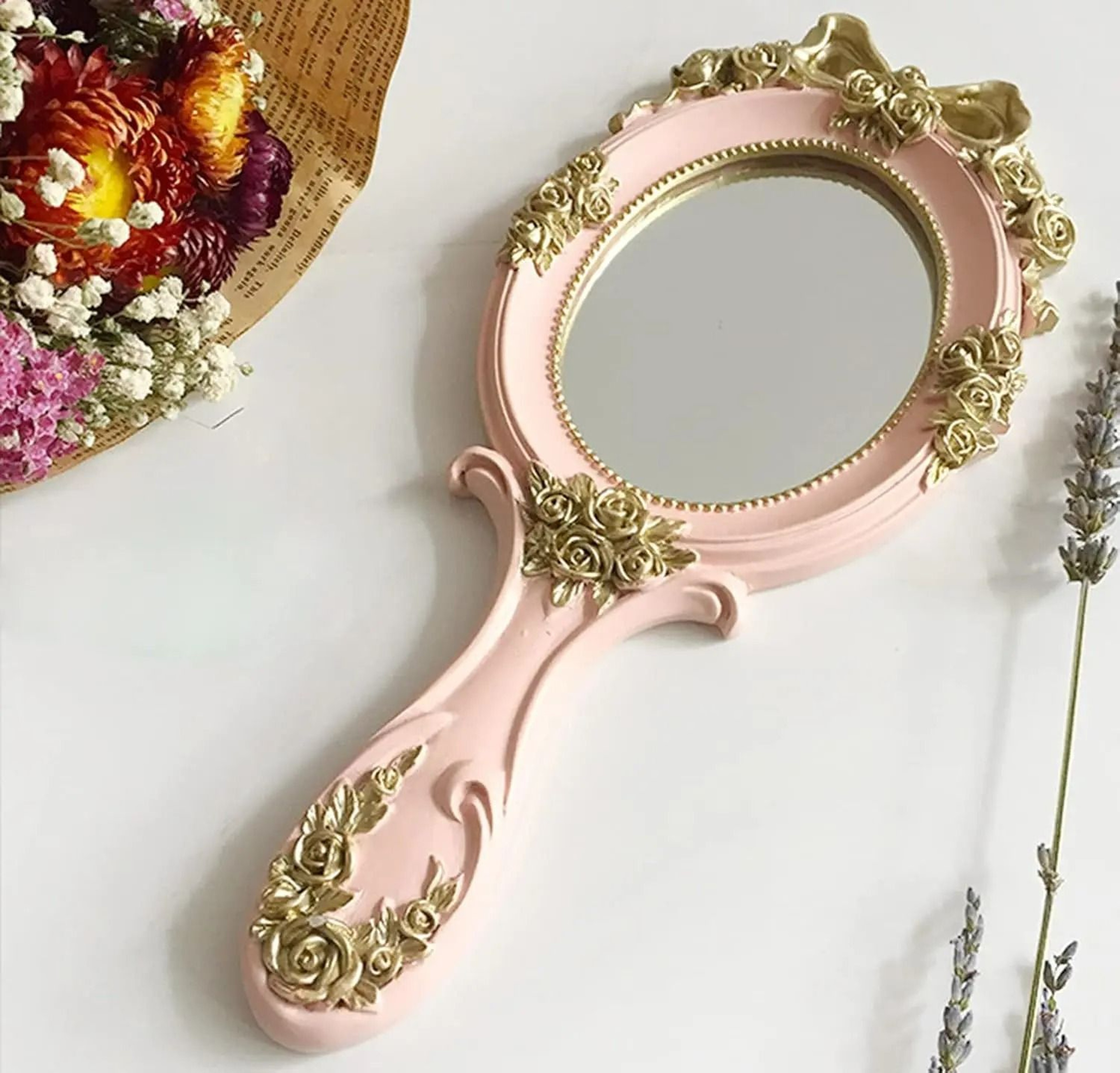 Portable Handheld Metal Princess Mirror With Rose Embossing 4