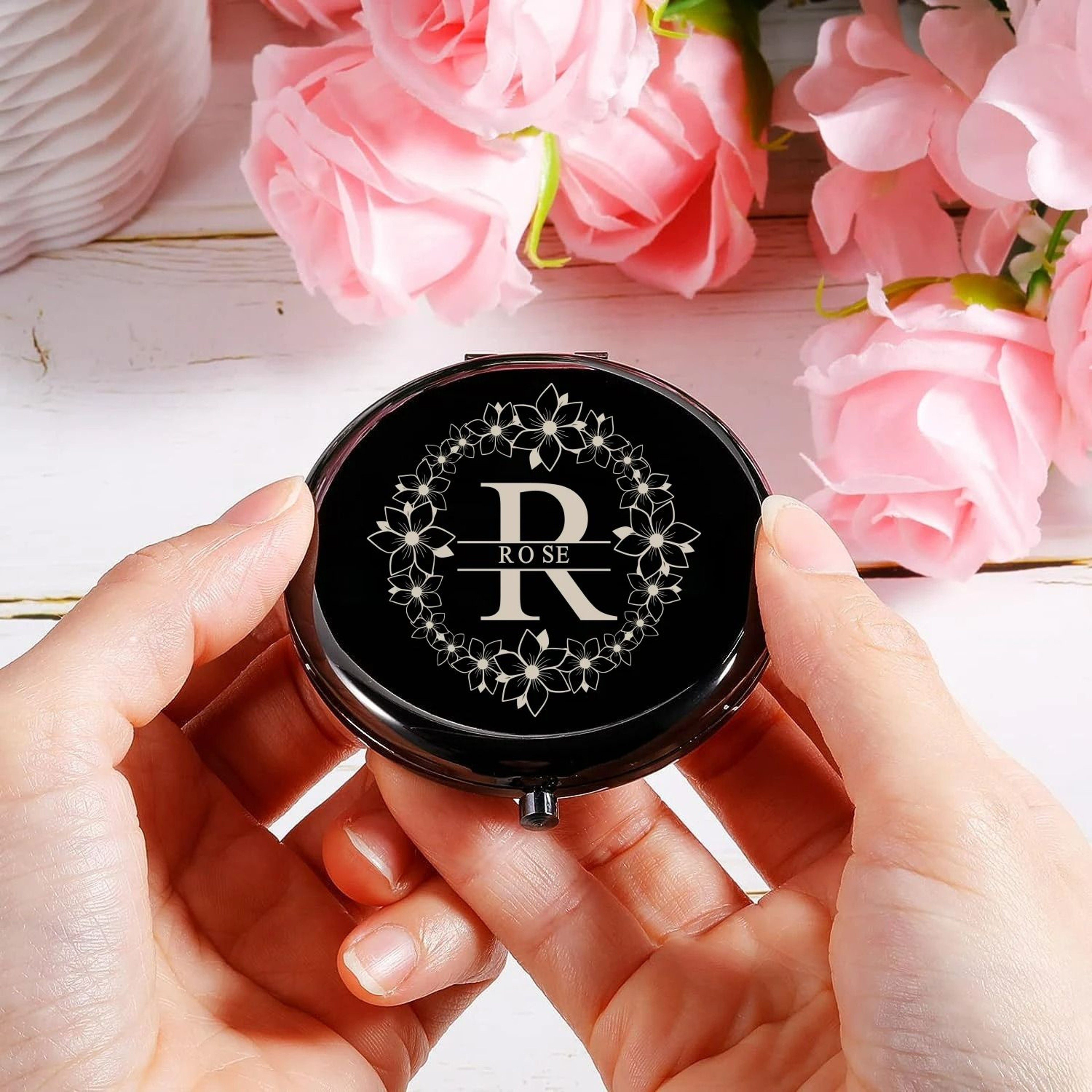 Personalized Floral Wreath Initial Portable Compact Mirror 3