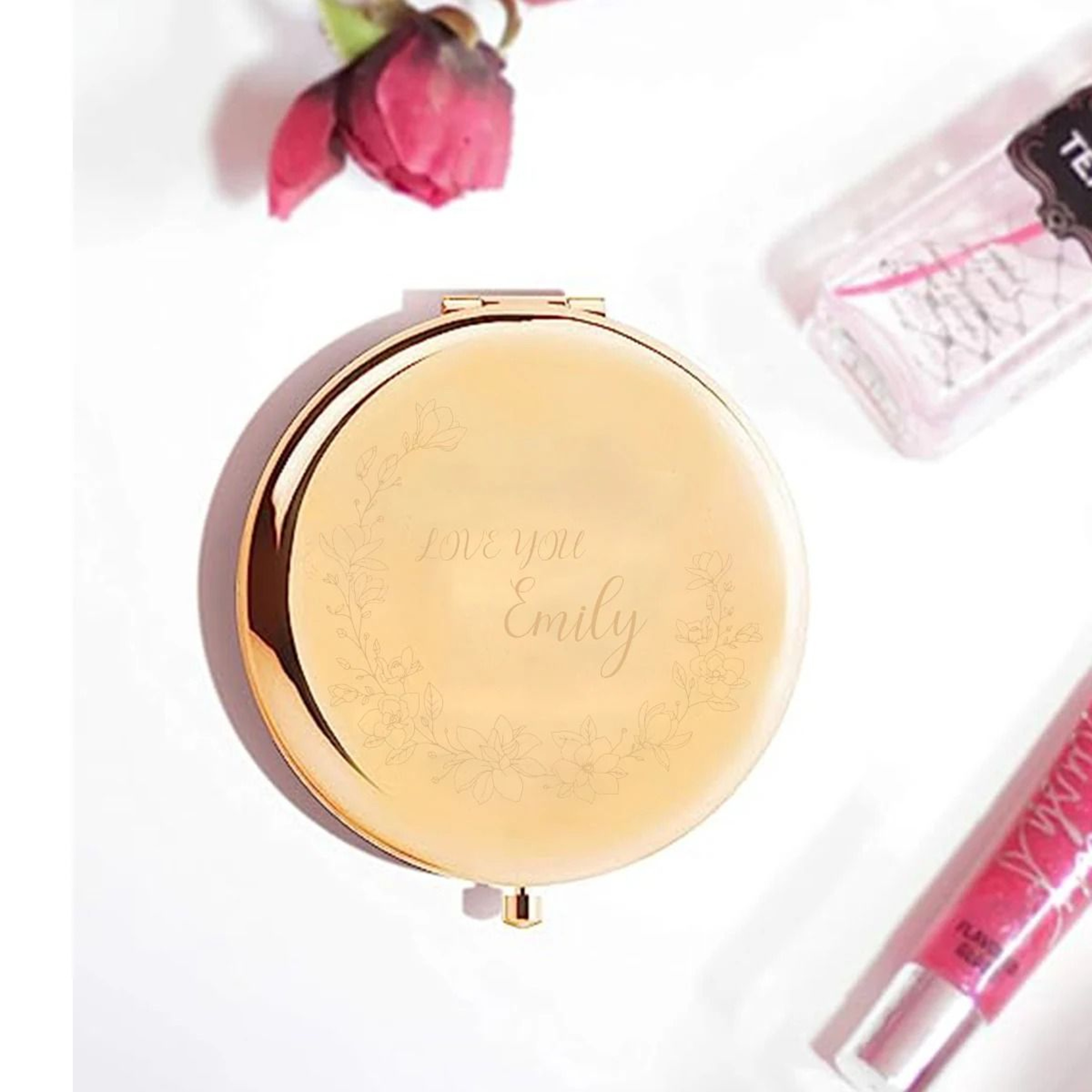 Personalized Floral Wreath Initial Portable Compact Mirror 1