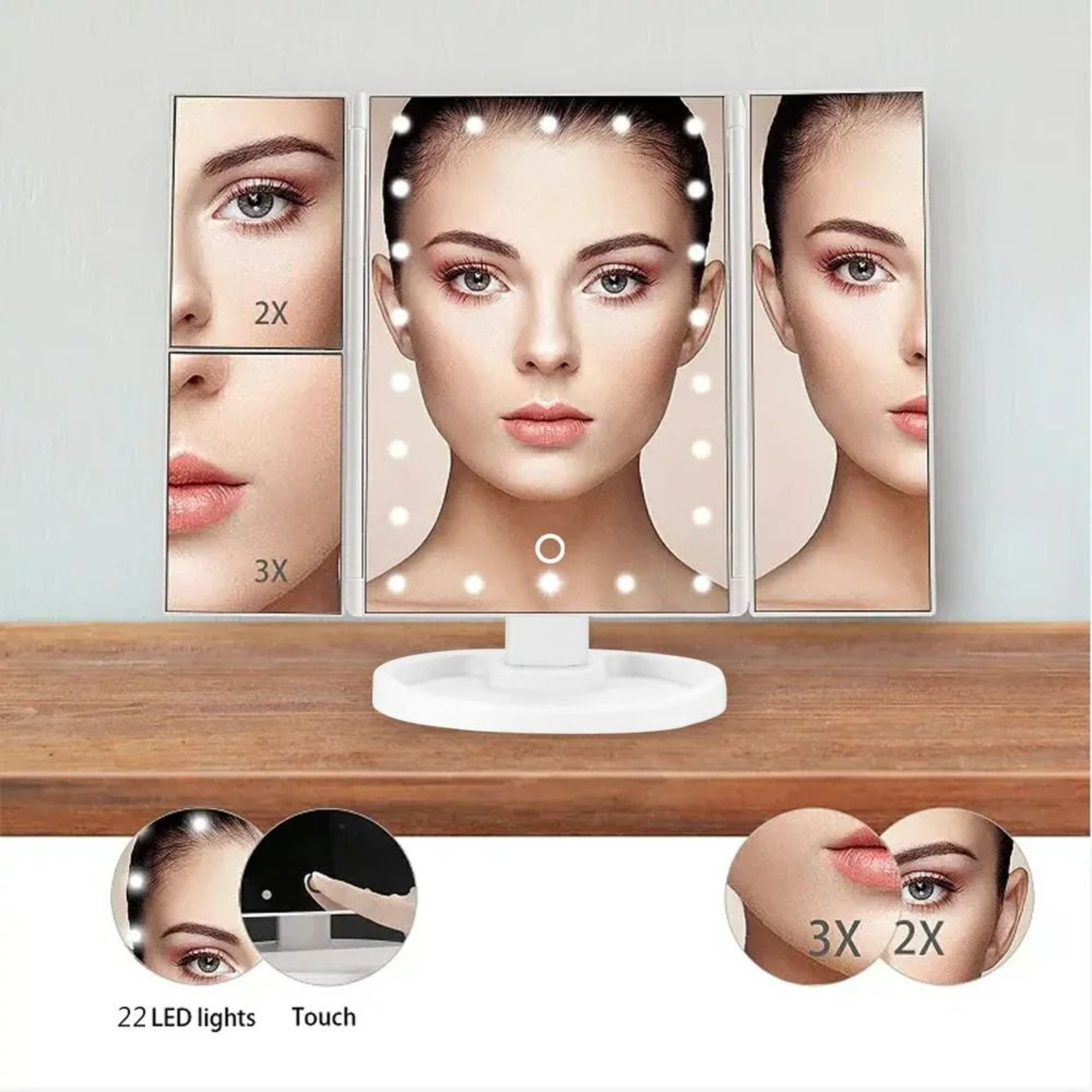 Trifold LED Vanity Makeup Mirror With 1X2X3X Magnification 3