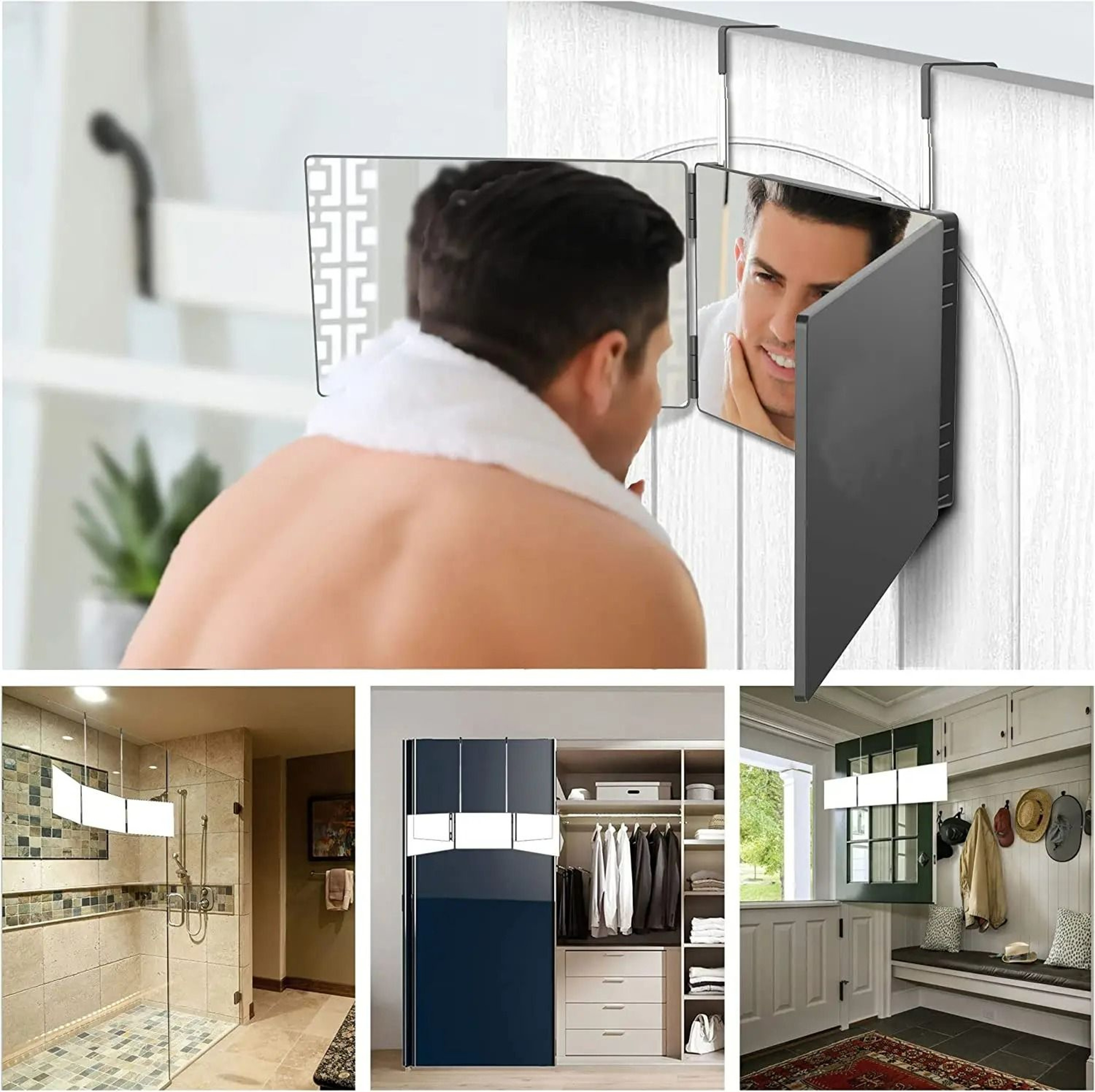 Travel Portable 360 Trifold Vanity Mirror With Telescoping Hooks 2