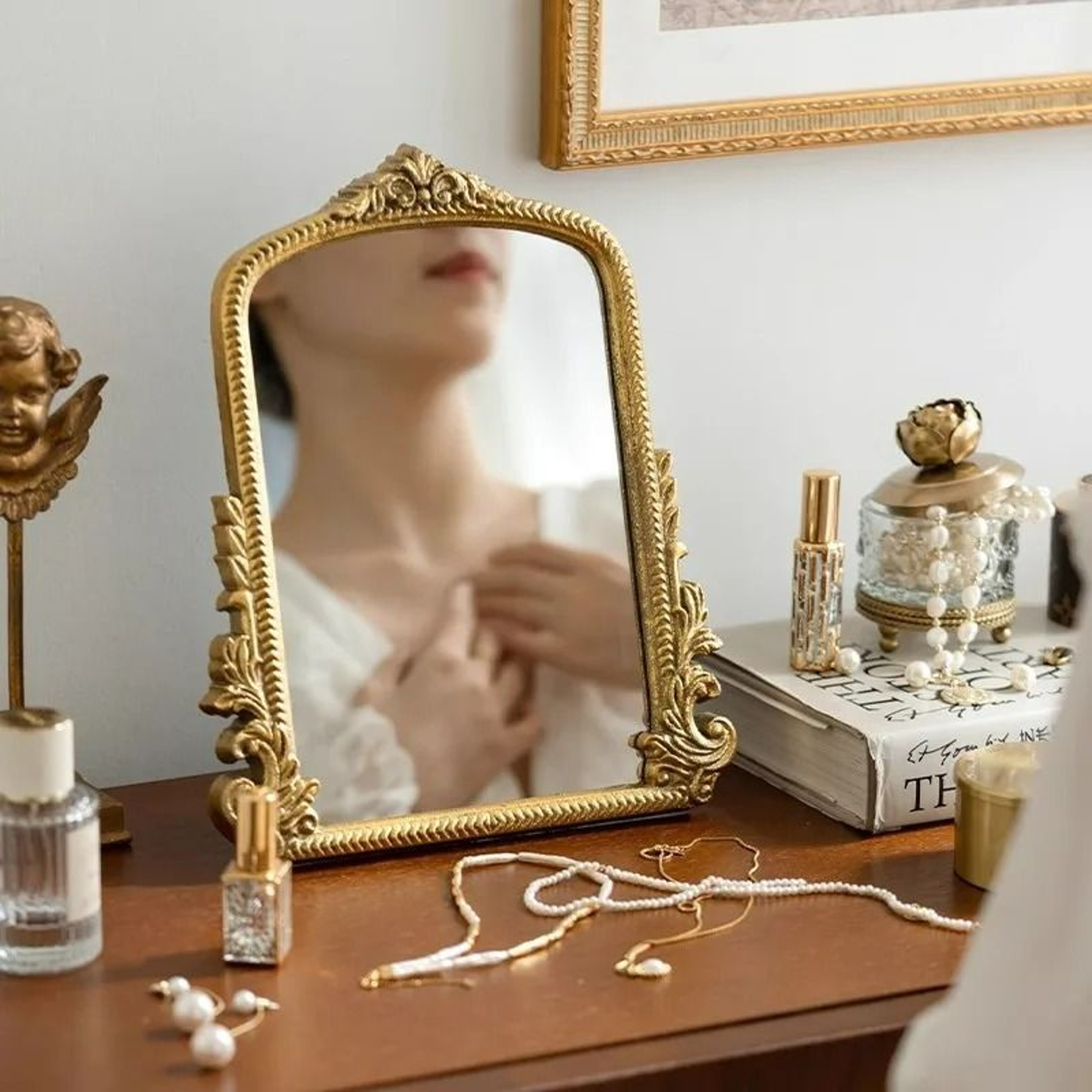 Vintage Antique Gold Arch Tabletop Vanity Mirror 4