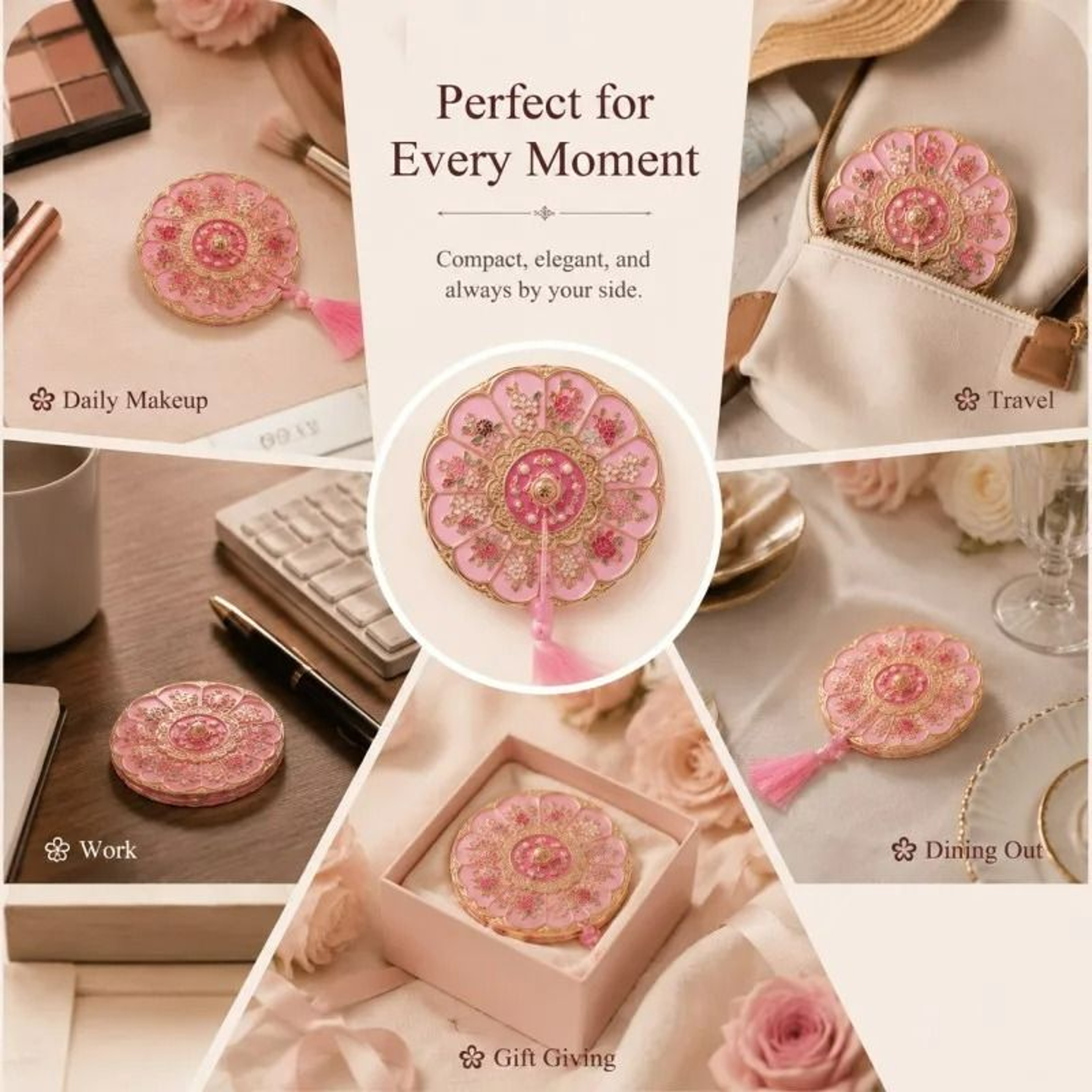 AncientStyle Chinese Flower Pattern Handheld Cosmetic Mirror 4