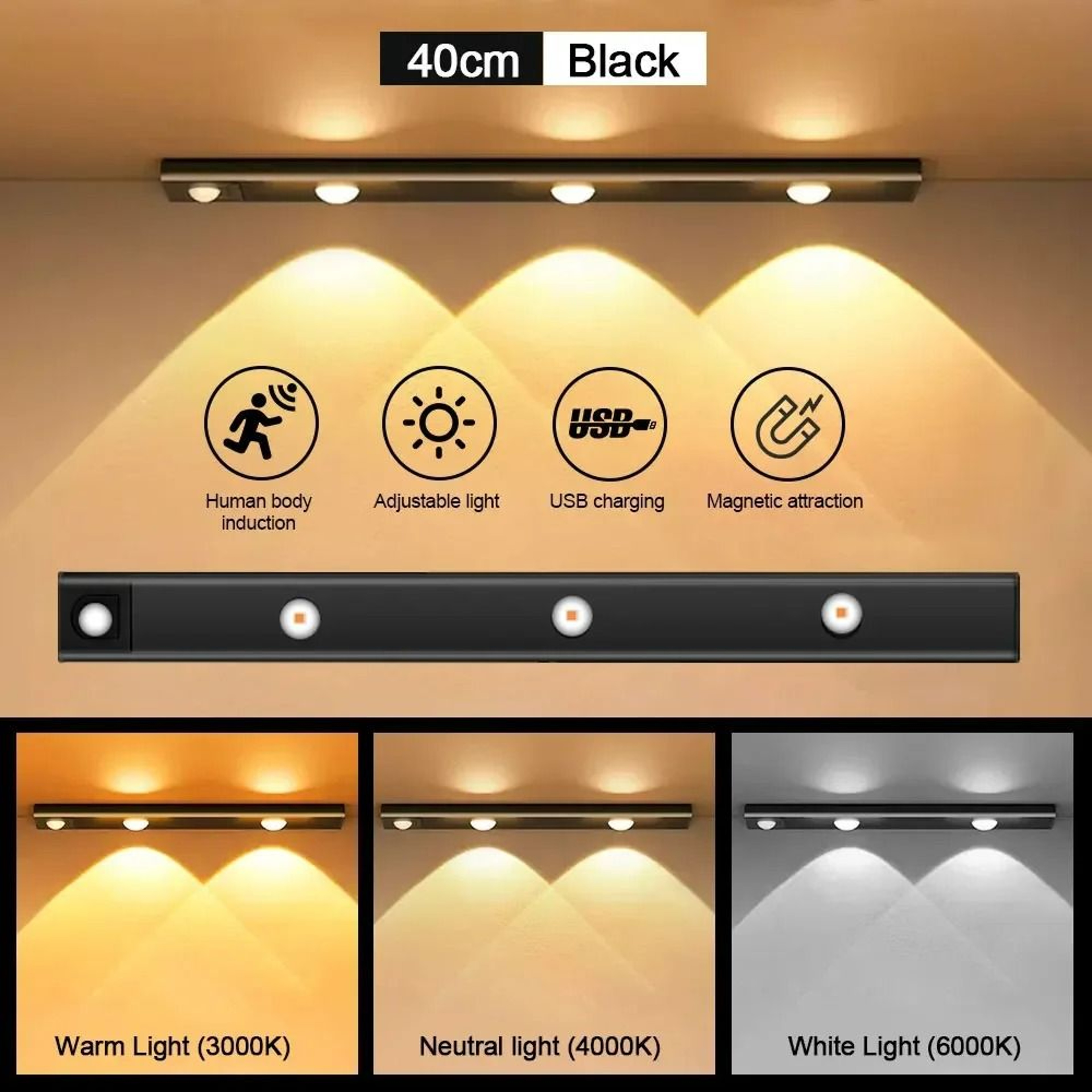 WhiteBlack 3Color Motion Sensor LED Cabinet Light Bar 10