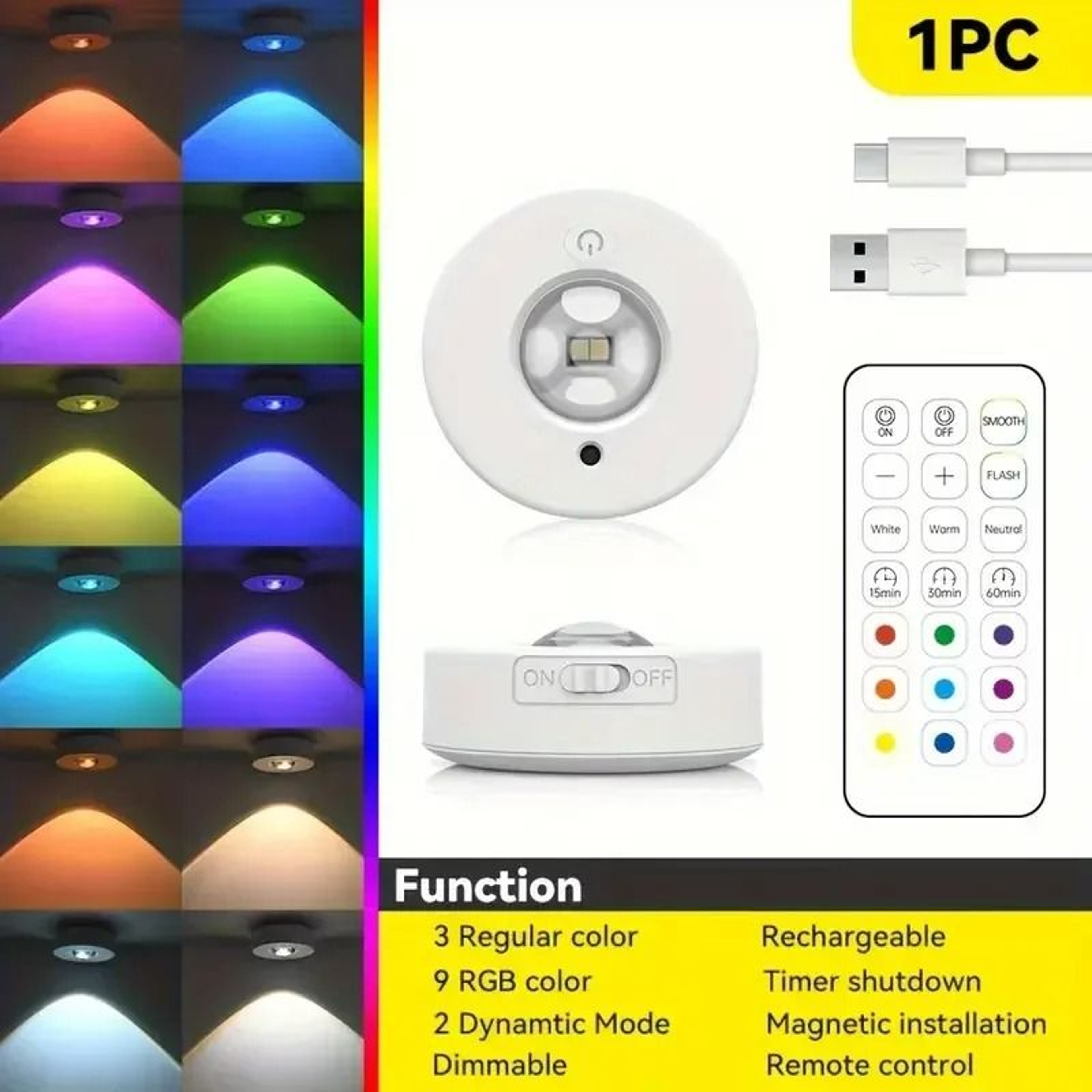 Rechargeable RGB 12Color Magnetic LED Puck Lights With Remote Control 3 Pack 6
