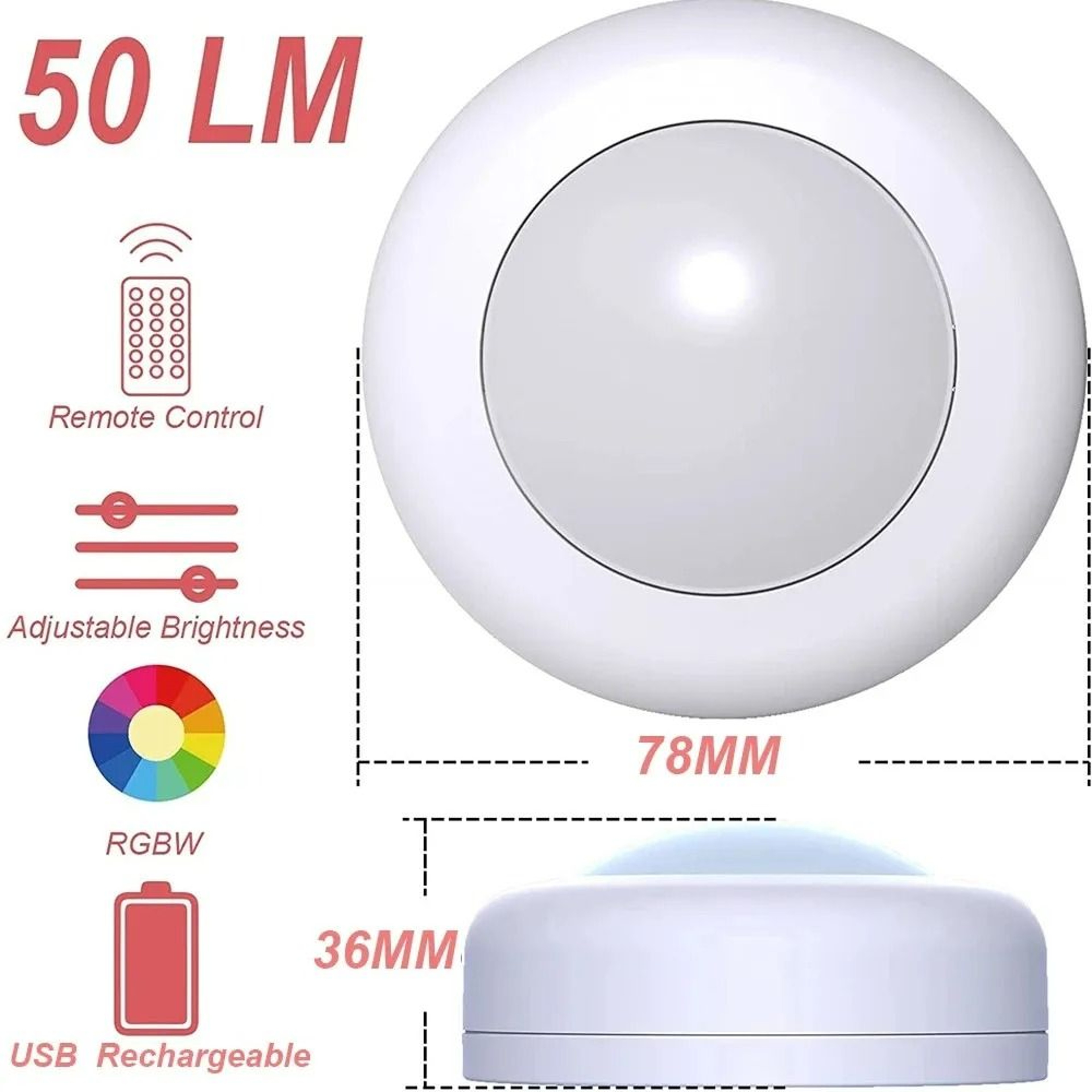 USB Rechargeable RGBW LED Puck Lights With Remote Control 3 Pack 3