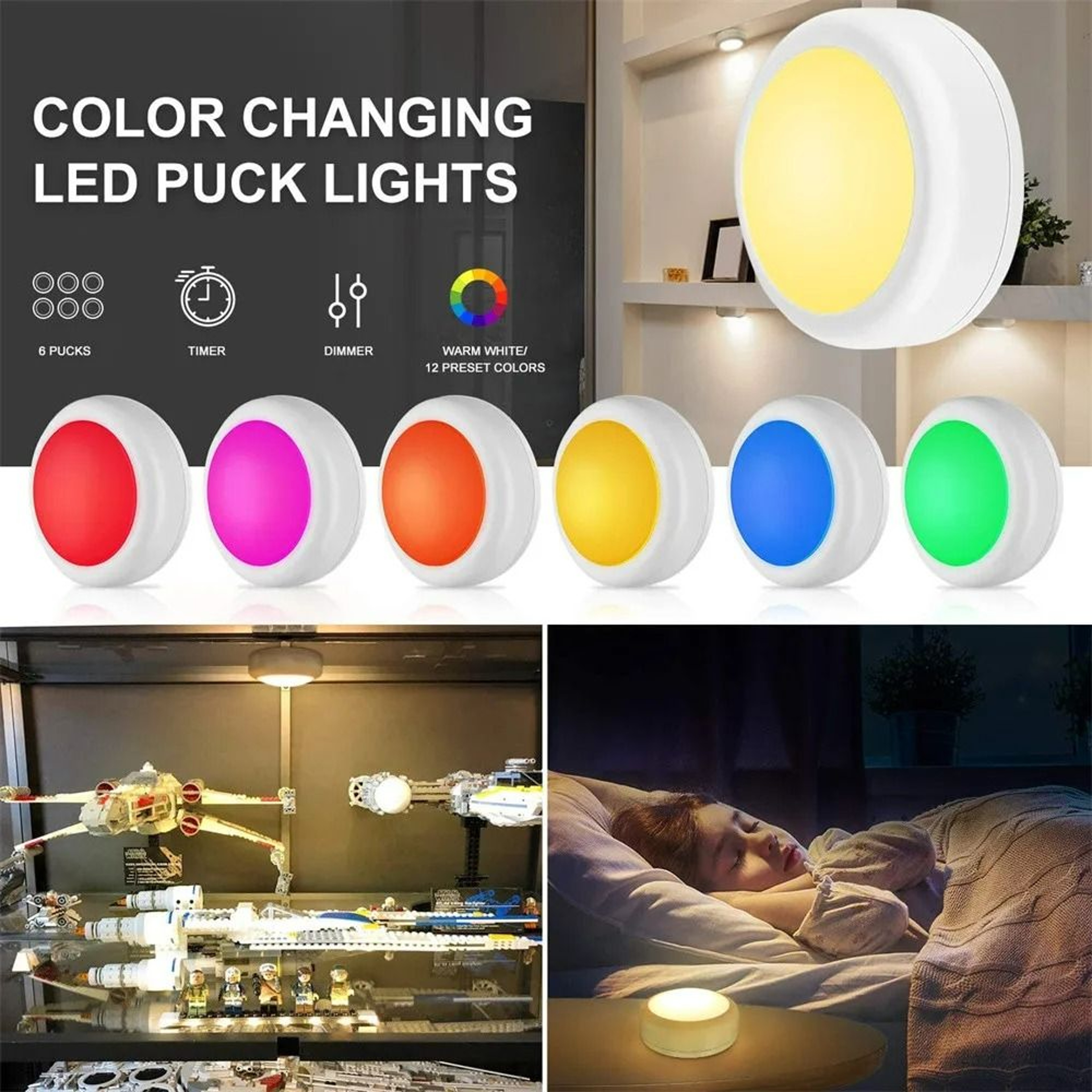 USB Rechargeable RGBW LED Puck Lights With Remote Control 3 Pack 5