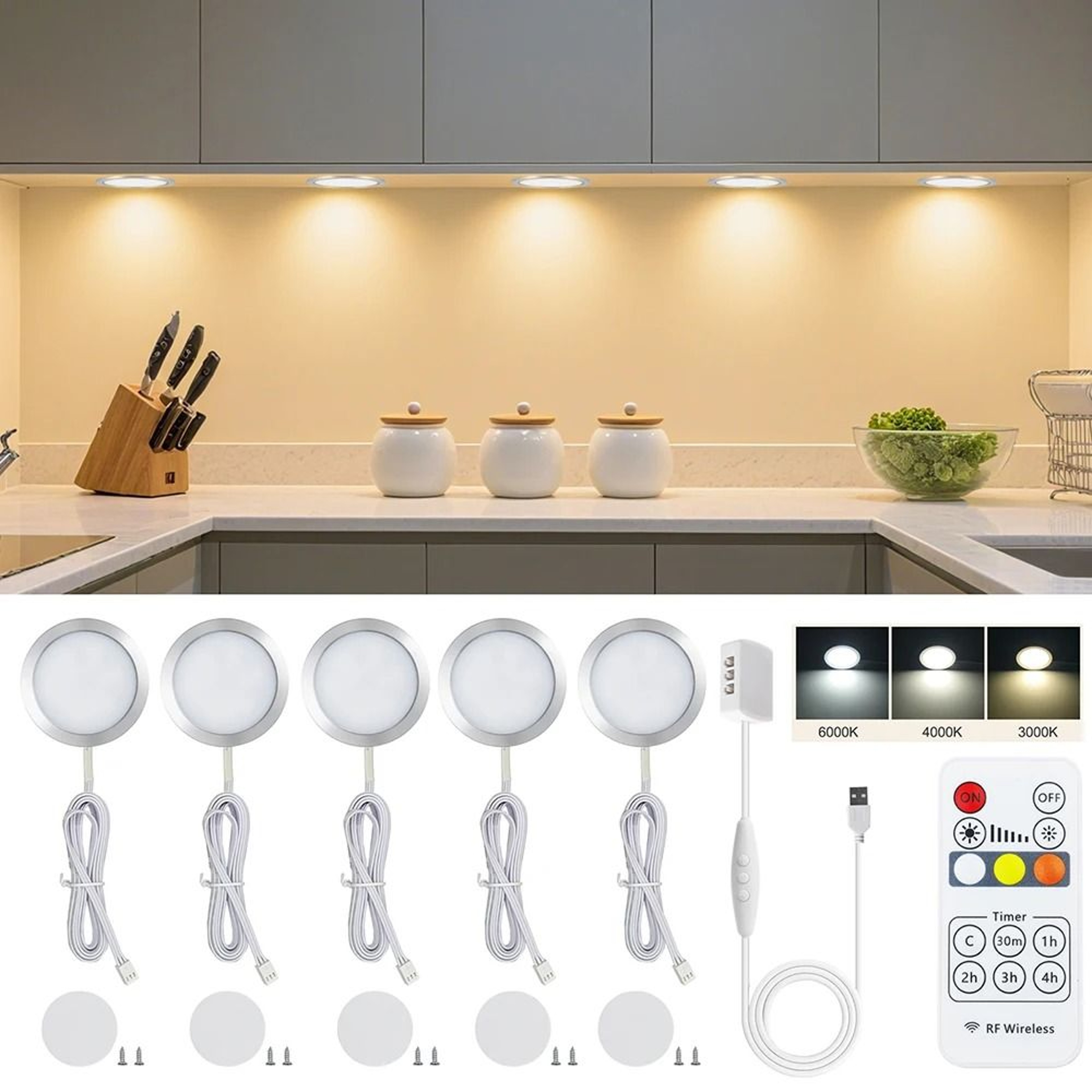 Round CCT LED Puck Light Set With 13Key Remote  USB Hub Kit 5 Pack 0