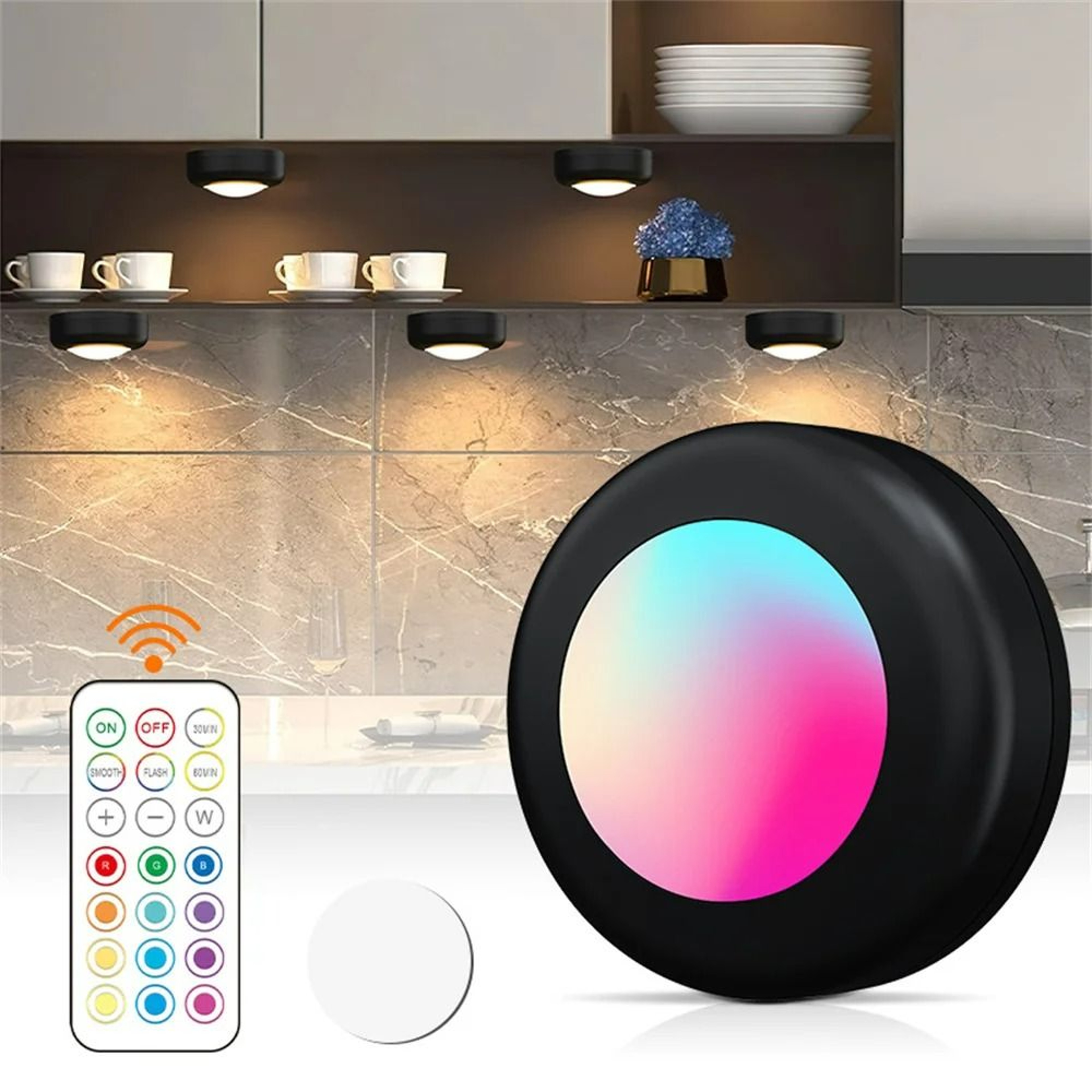 Battery Powered RGB Mini LED Puck Lights 3 Pack  62mm 6
