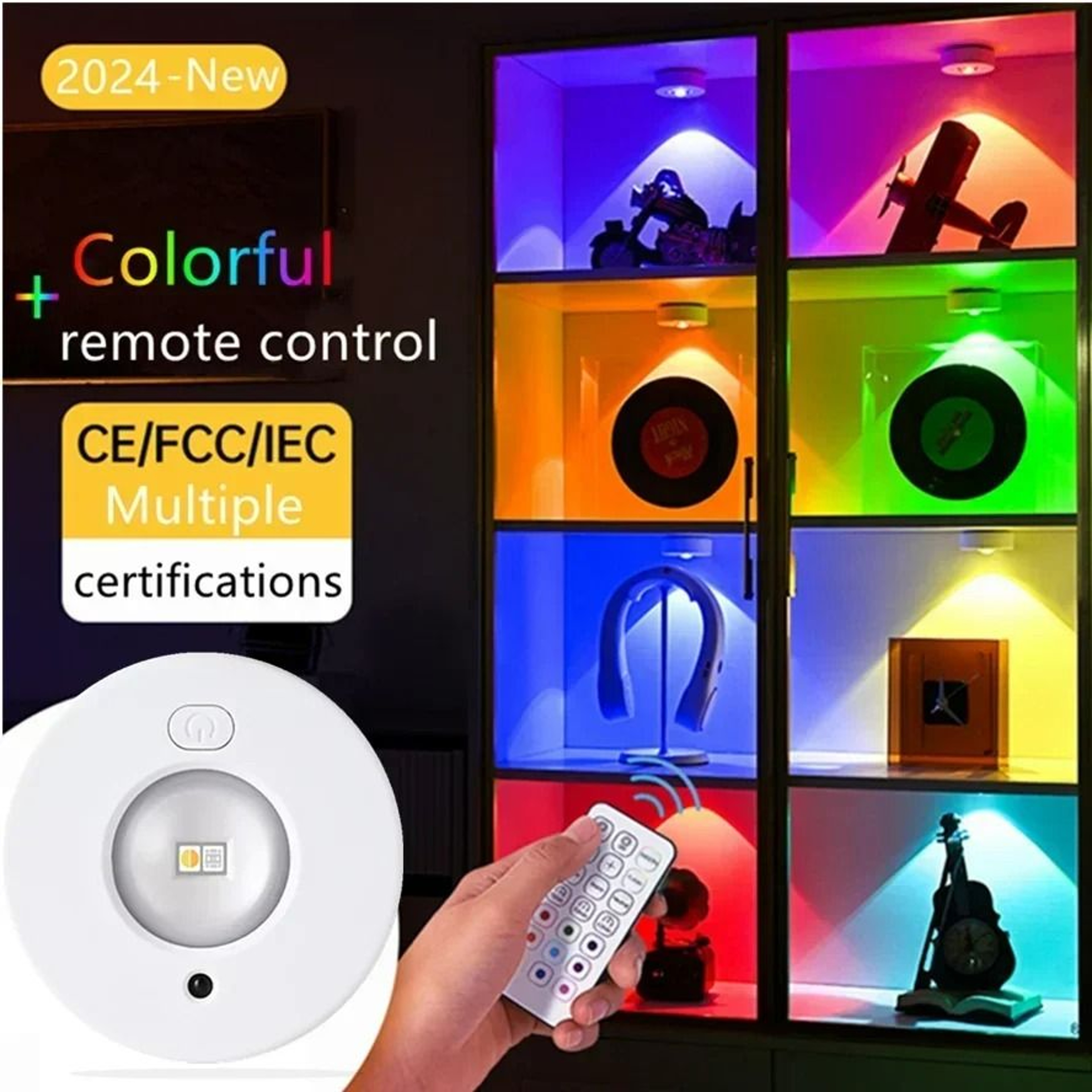 Multi Color Dimmable RGB LED Puck Light Set Remote Control Rechargeable Cabinet Night Light 2