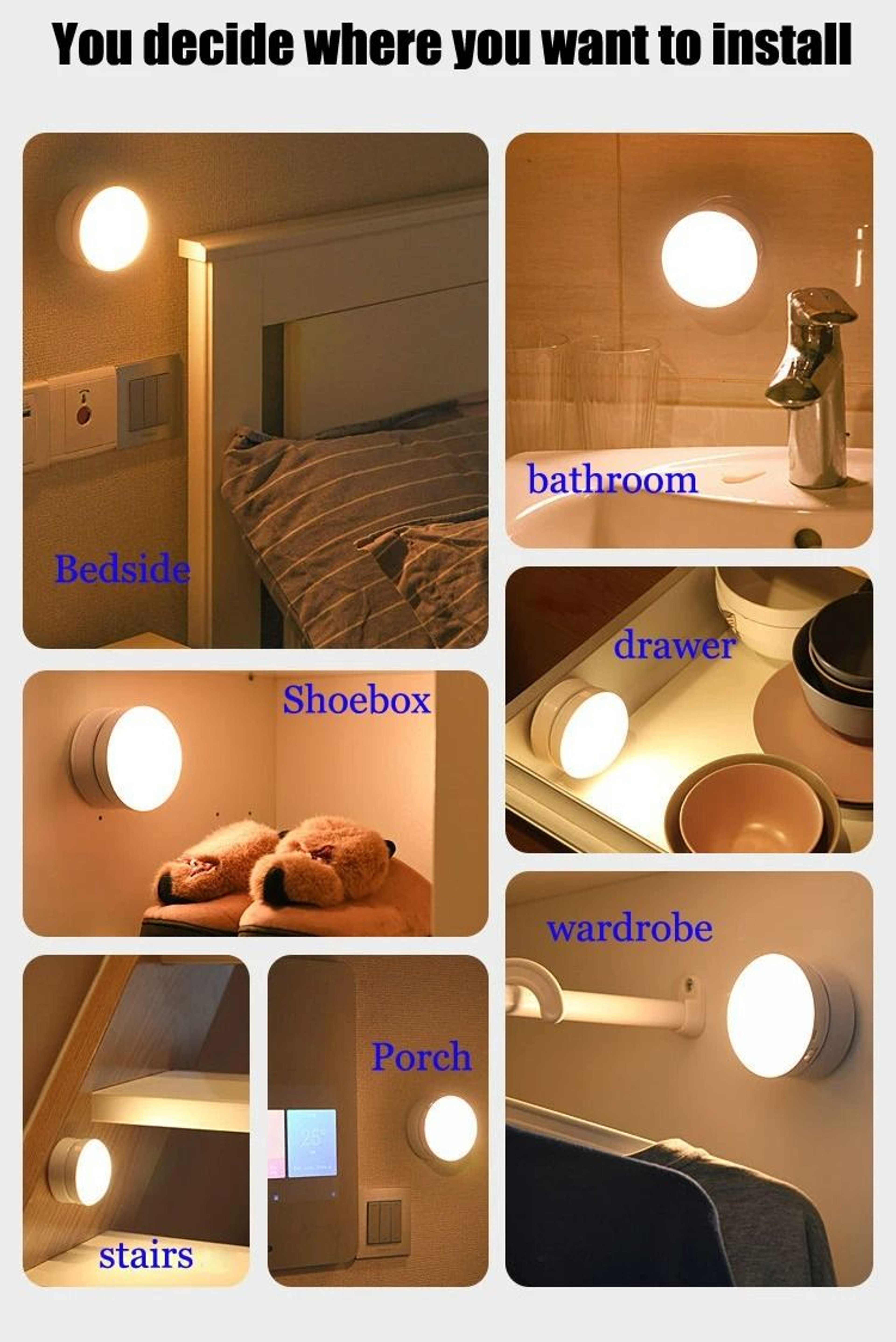 Smart Motion Sensor LED Round Night Light USB Rechargeable Home Lamp 5