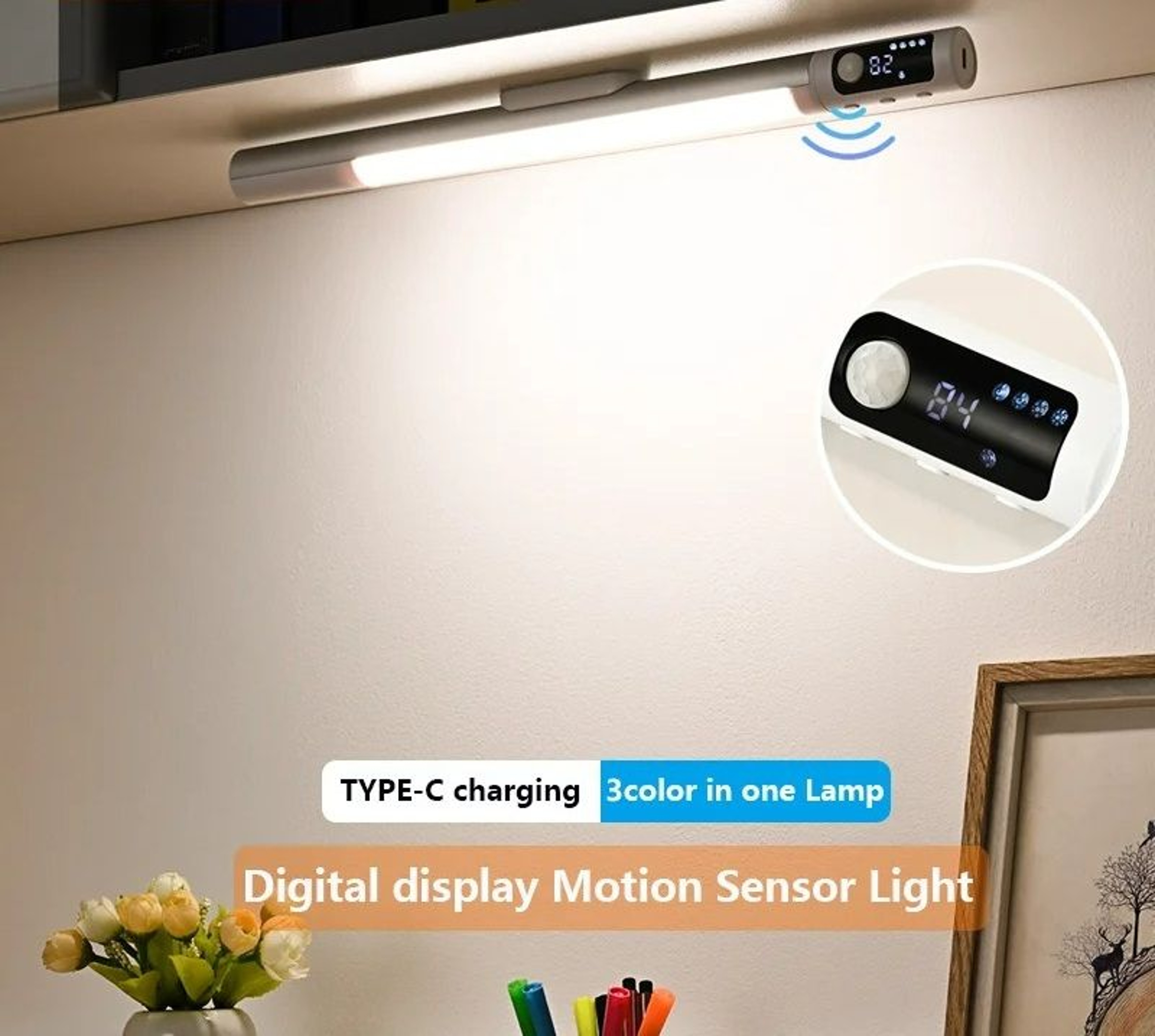 Digital Display Motion Sensor LED Desk Lamp TypeC Rechargeable Night Light 0