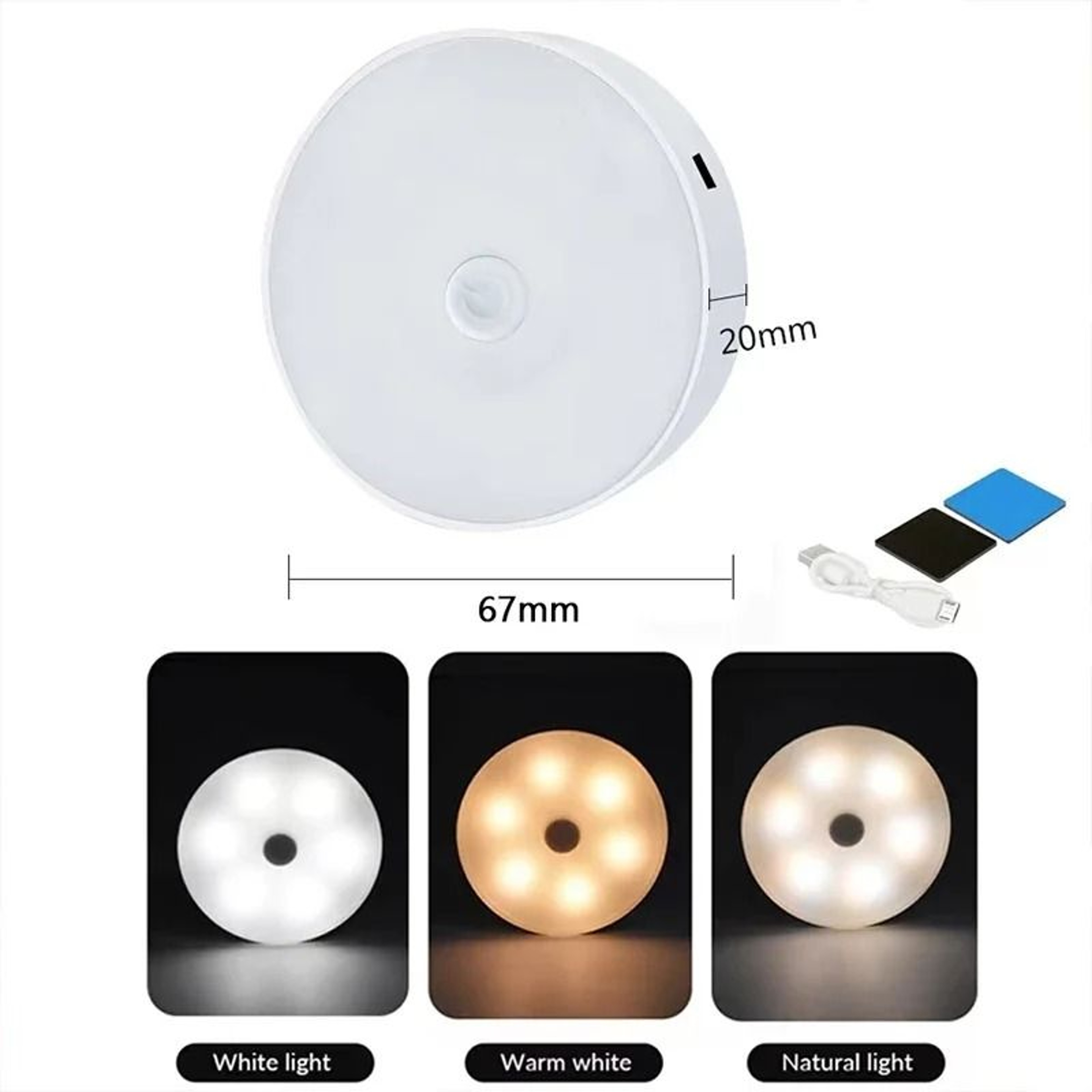 3Color Adjustable Wireless LED Closet Light 2Pack USB Rechargeable Cabinet Night Lamp 7