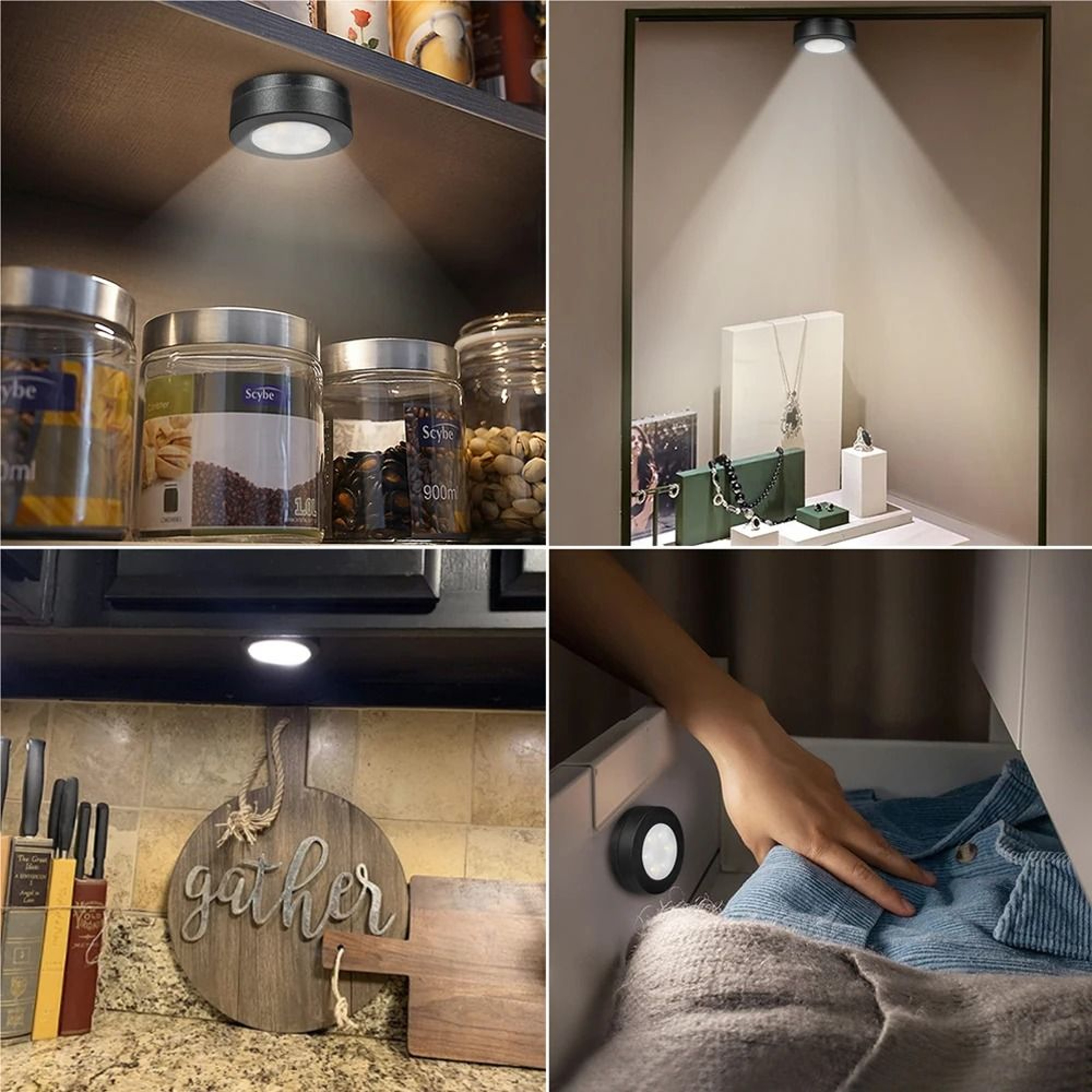 Black Dimmable CCT LED Round Under Cabinet Light Remote Control Wardrobe Lamp 4