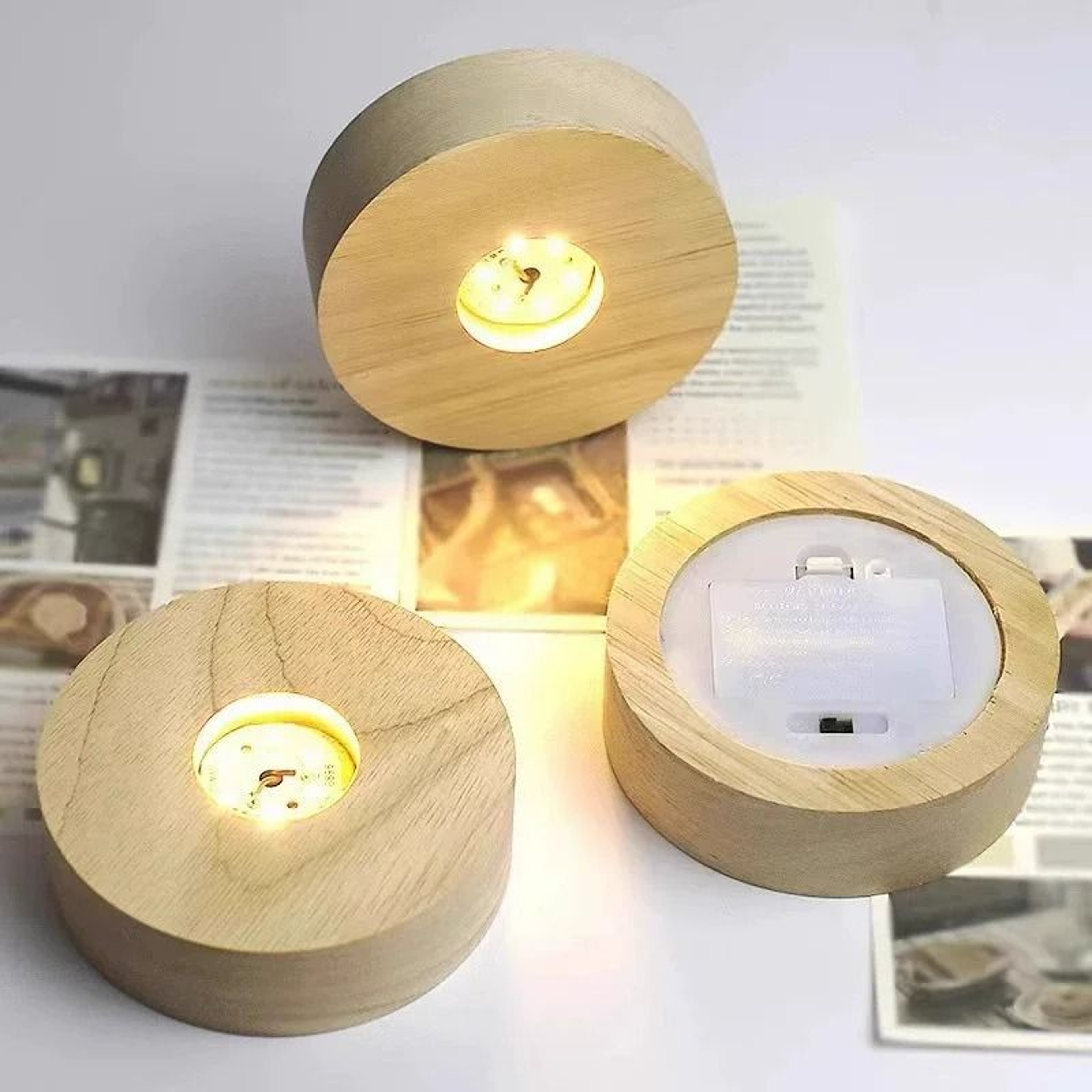 Wireless Round Wooden LED Light Base Solid Wood Crystal Display Stand 6