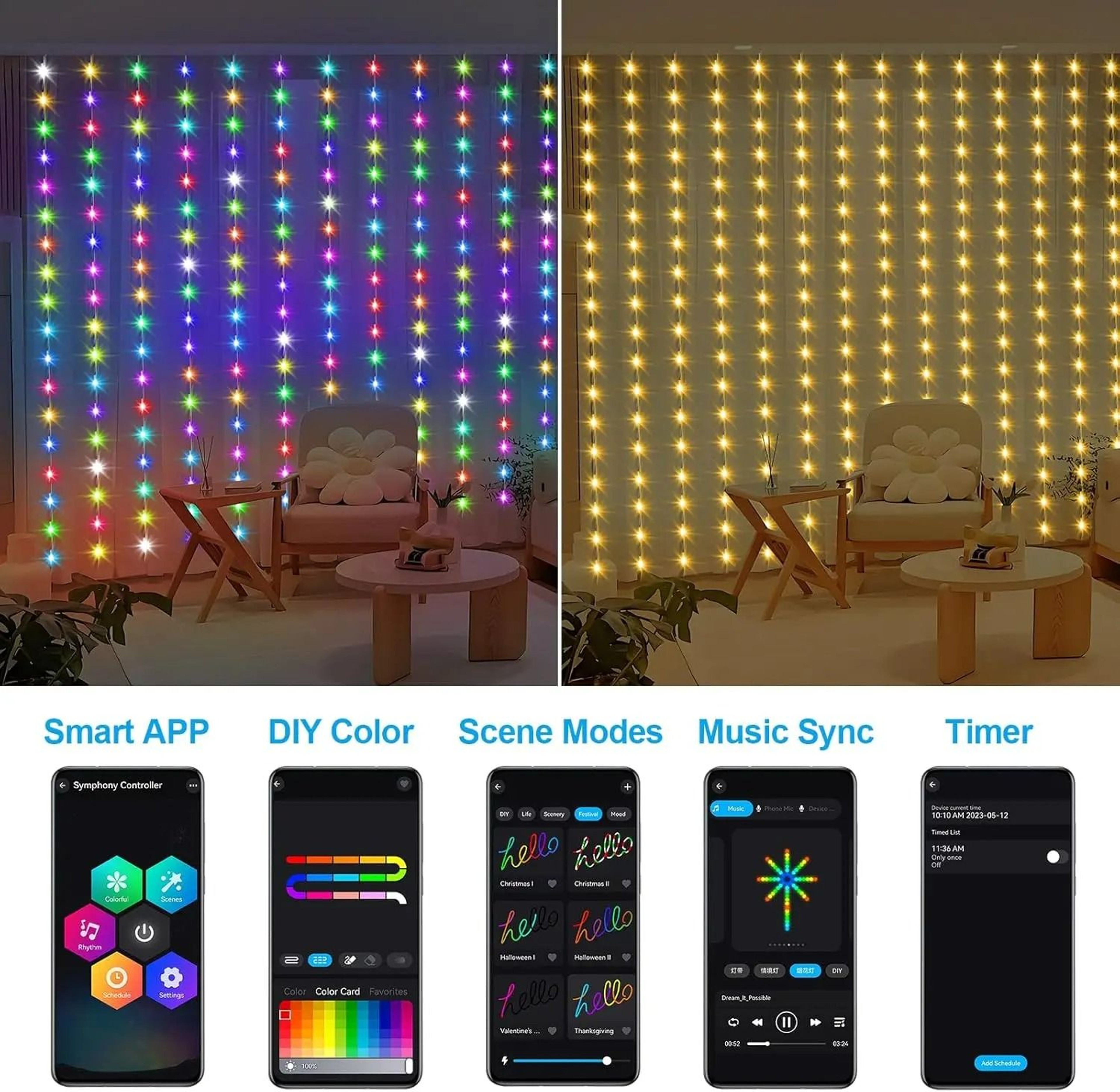 RGB Smart LED Curtain Lights With App  Remote Control 2