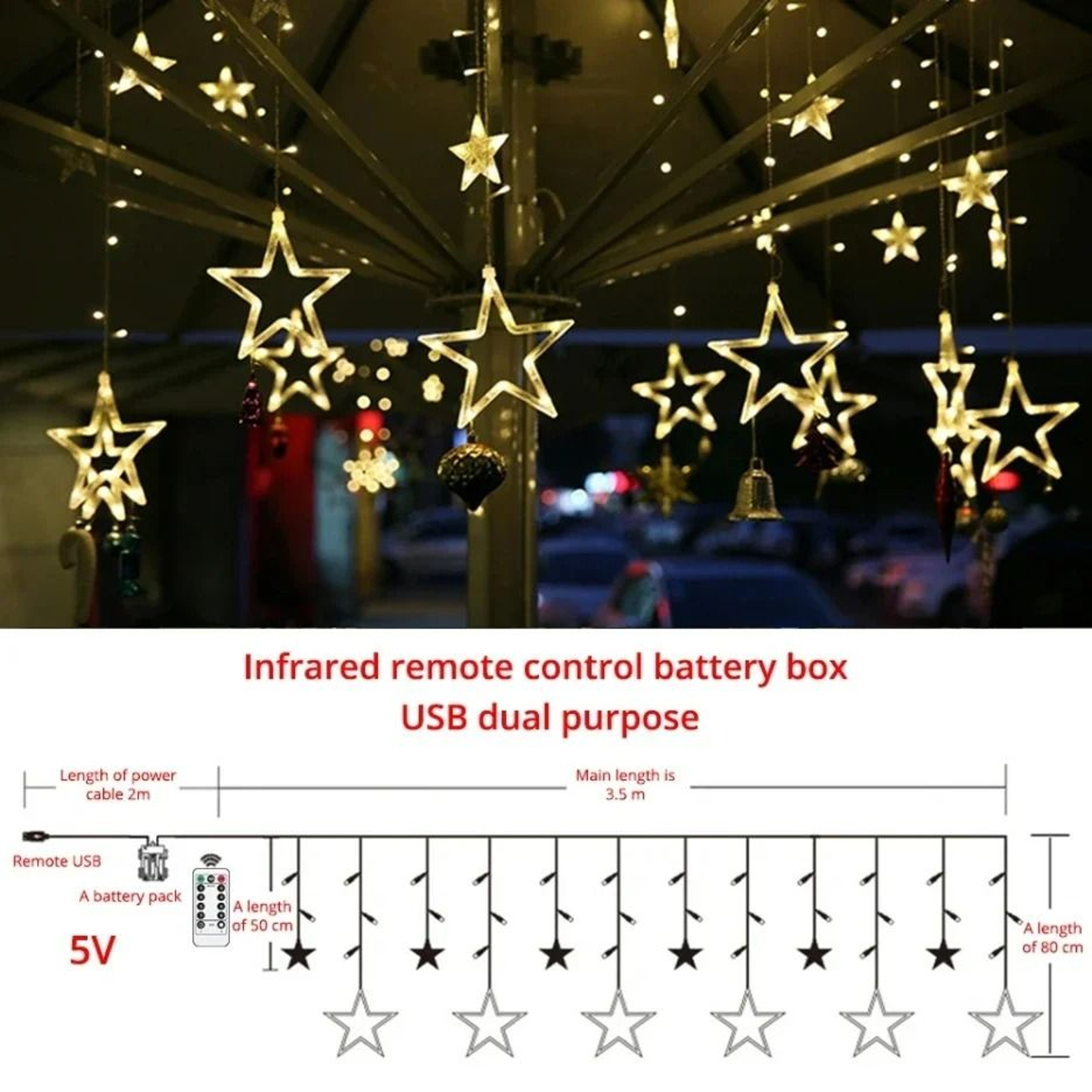 LED Pentagram Curtain Lights Remote Control Star String Lights 5