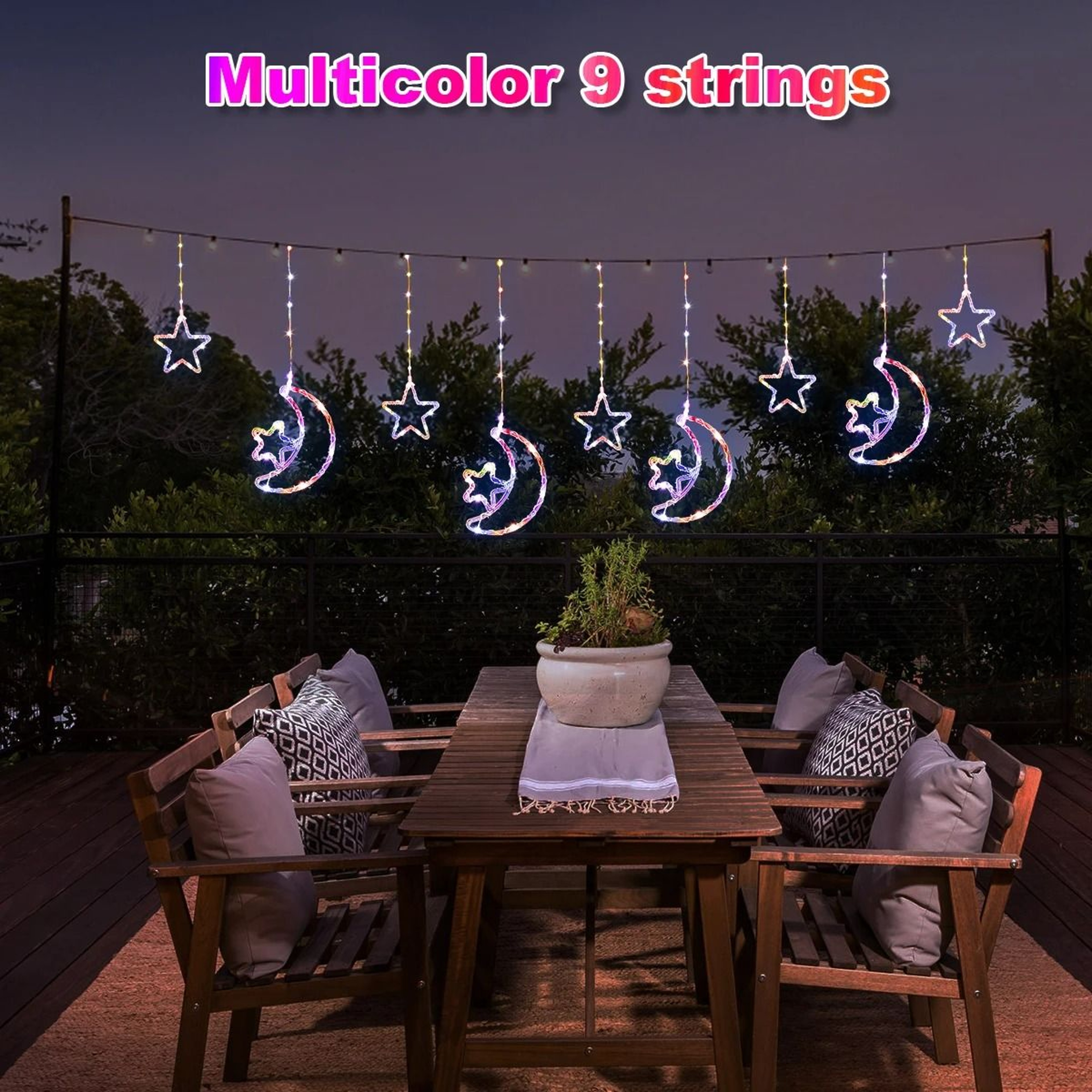 Solar Powered Star  Moon LED Curtain Lights 8 Modes Outdoor Hanging Lights 7