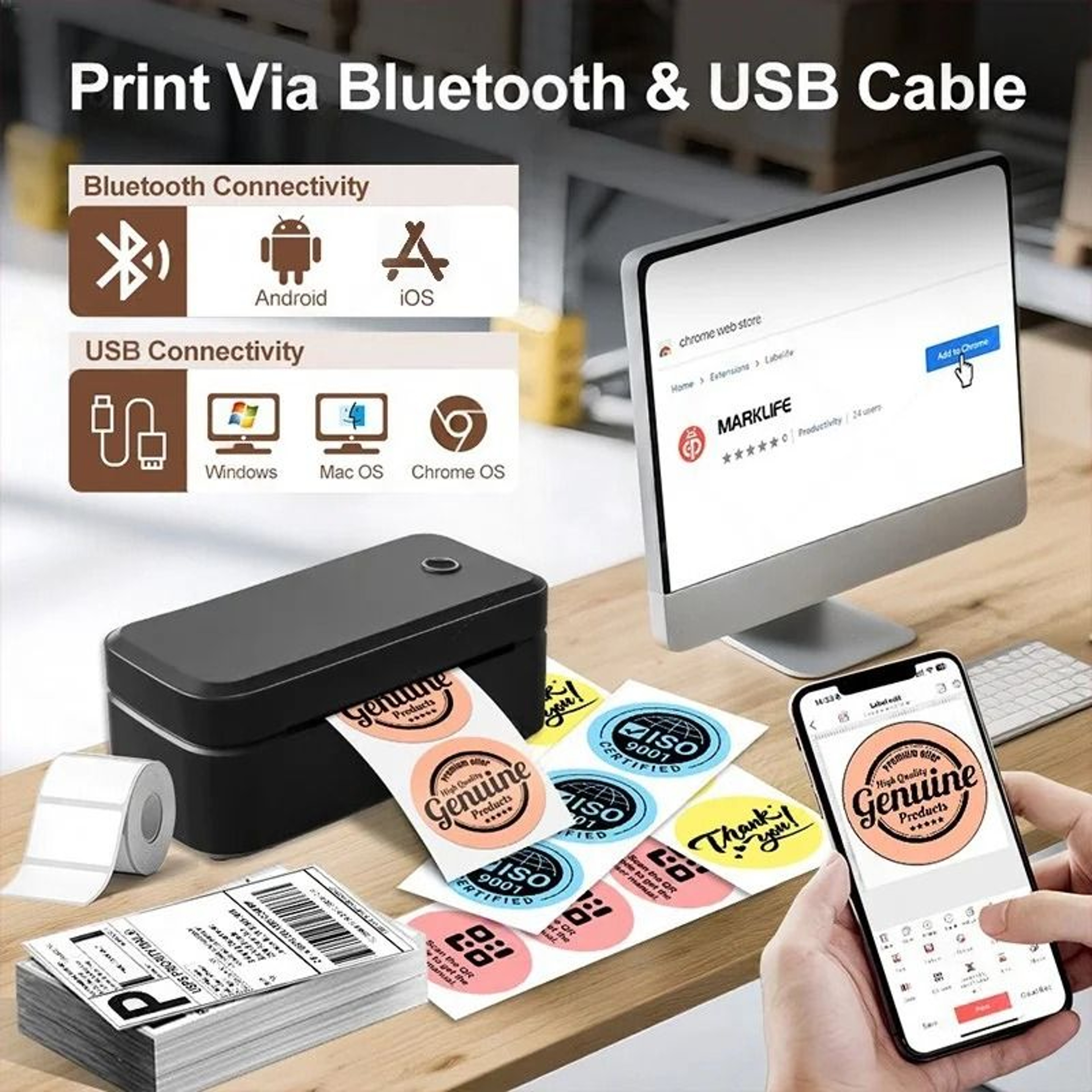 4 In Wireless Bluetooth Desktop Thermal Shipping Label Printer 9