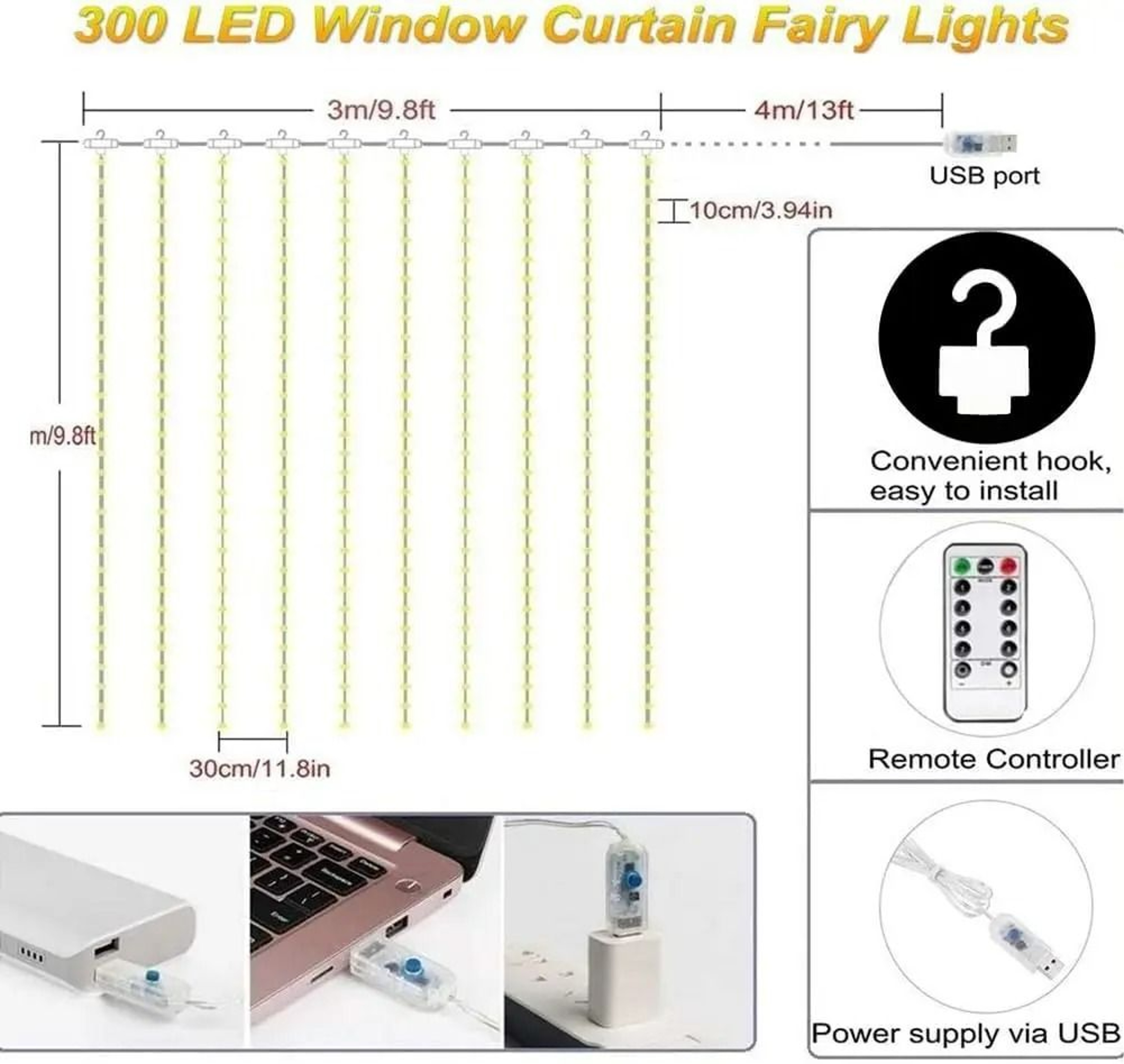 300 LED Curtain Fairy Lights With Remote 4