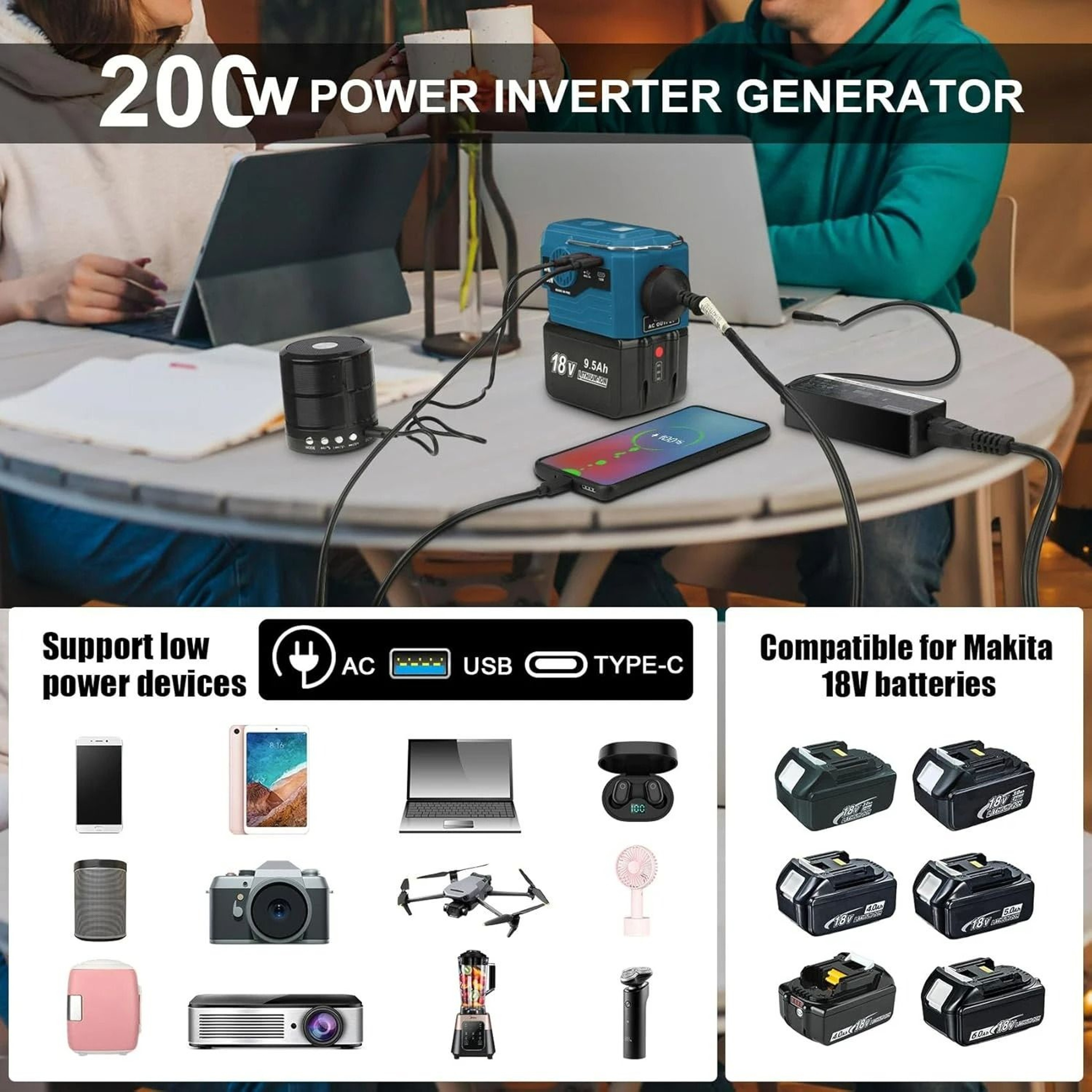 Portable 200W Power Inverter  MultiPort Generator For 18V20V Lithium Batteries 5