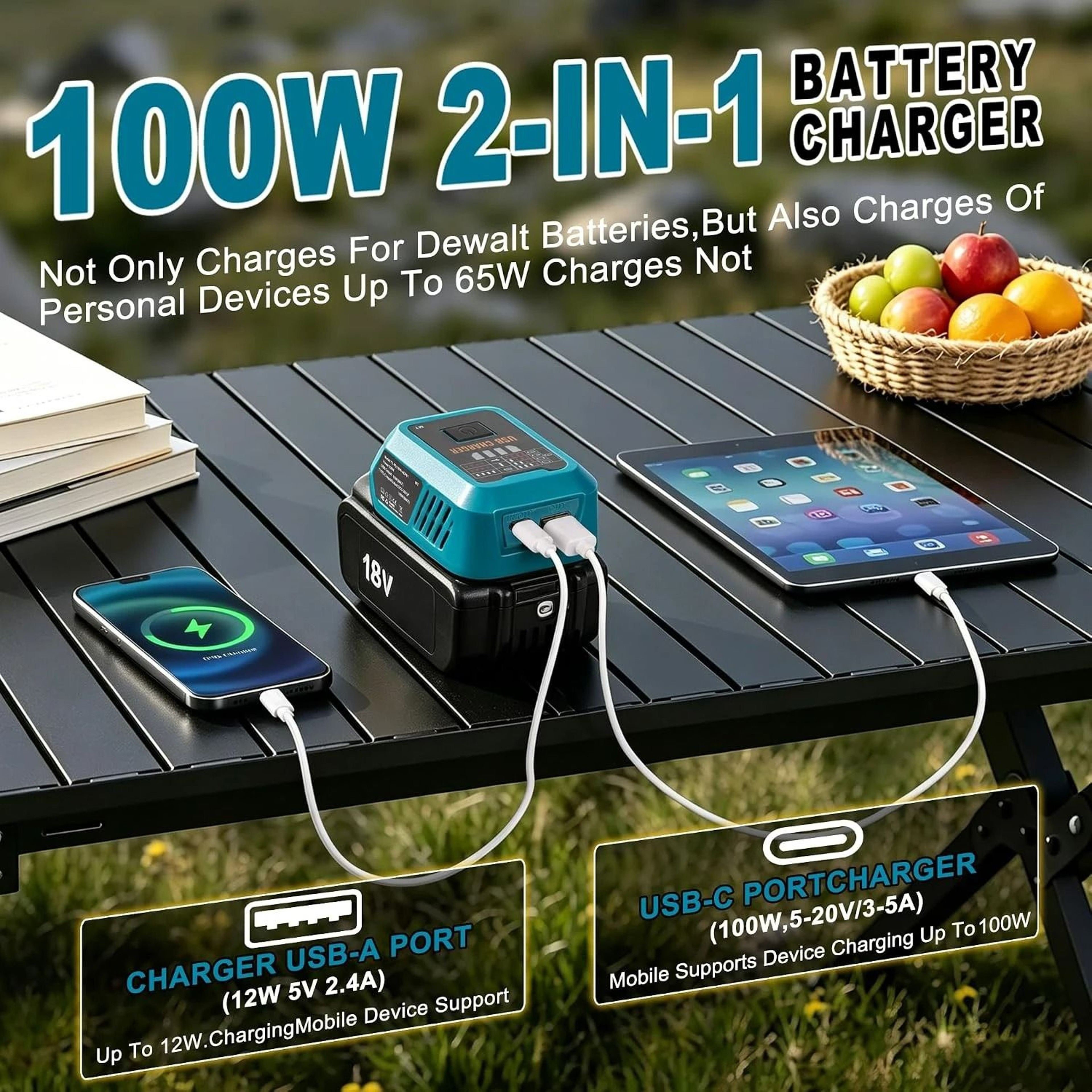 HighOutput 100W USBC Fast Charger  DualPort Power Source Adapter For 18V Lithium Batteries 5
