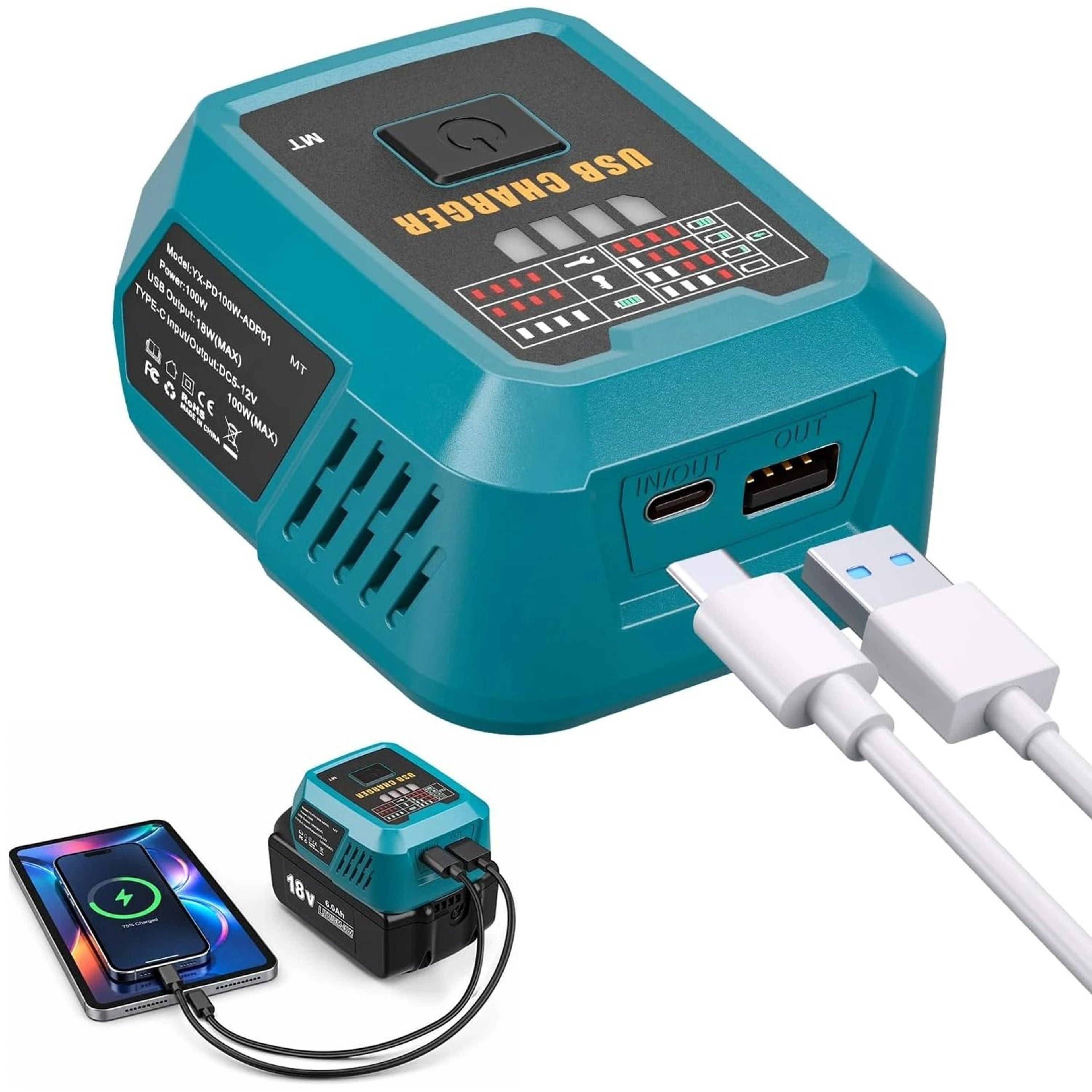 HighOutput 100W USBC Fast Charger  DualPort Power Source Adapter For 18V Lithium Batteries 0