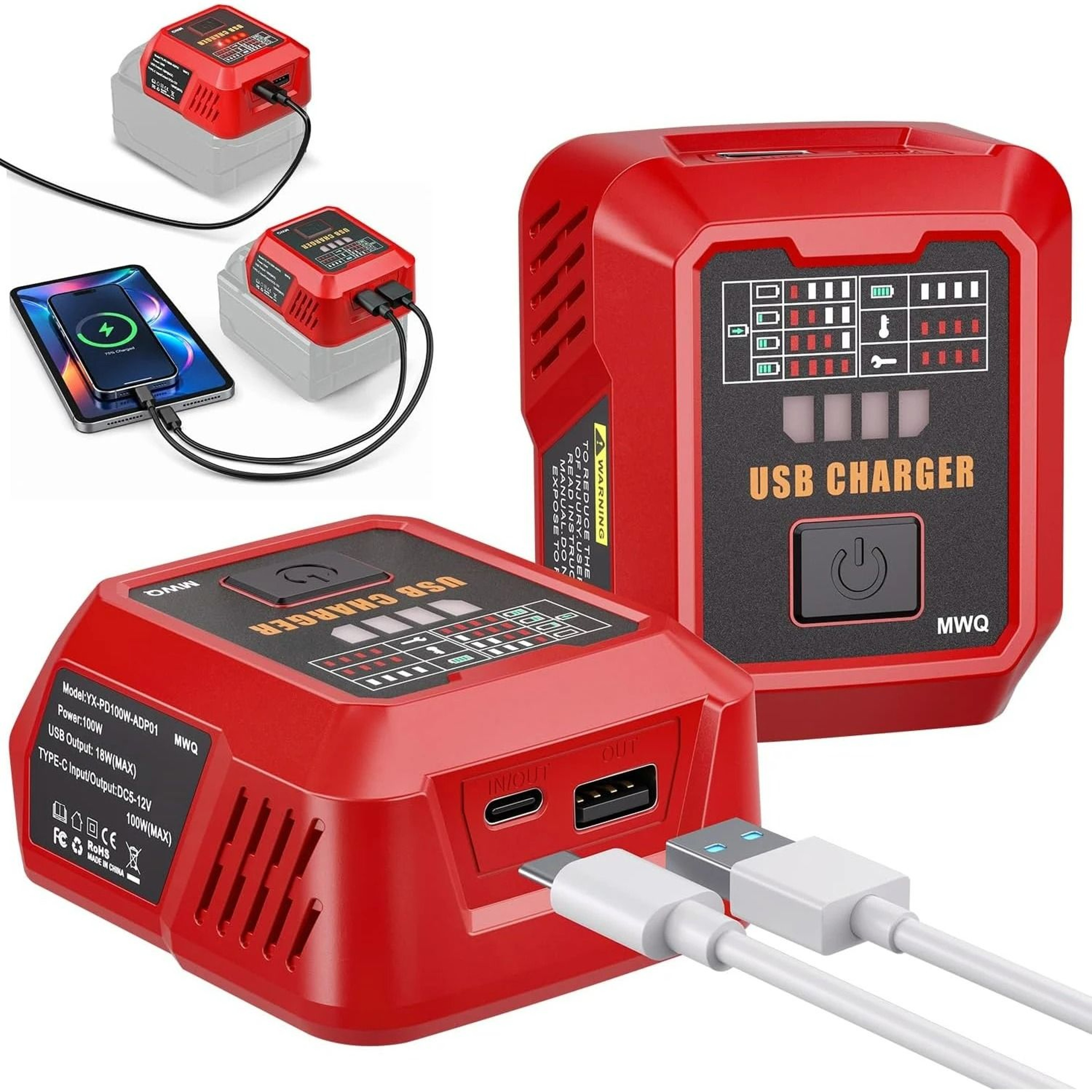 HighOutput 100W USBC Fast Charger DualPort Power Hub Adapter For 18V Lithium Batteries 0
