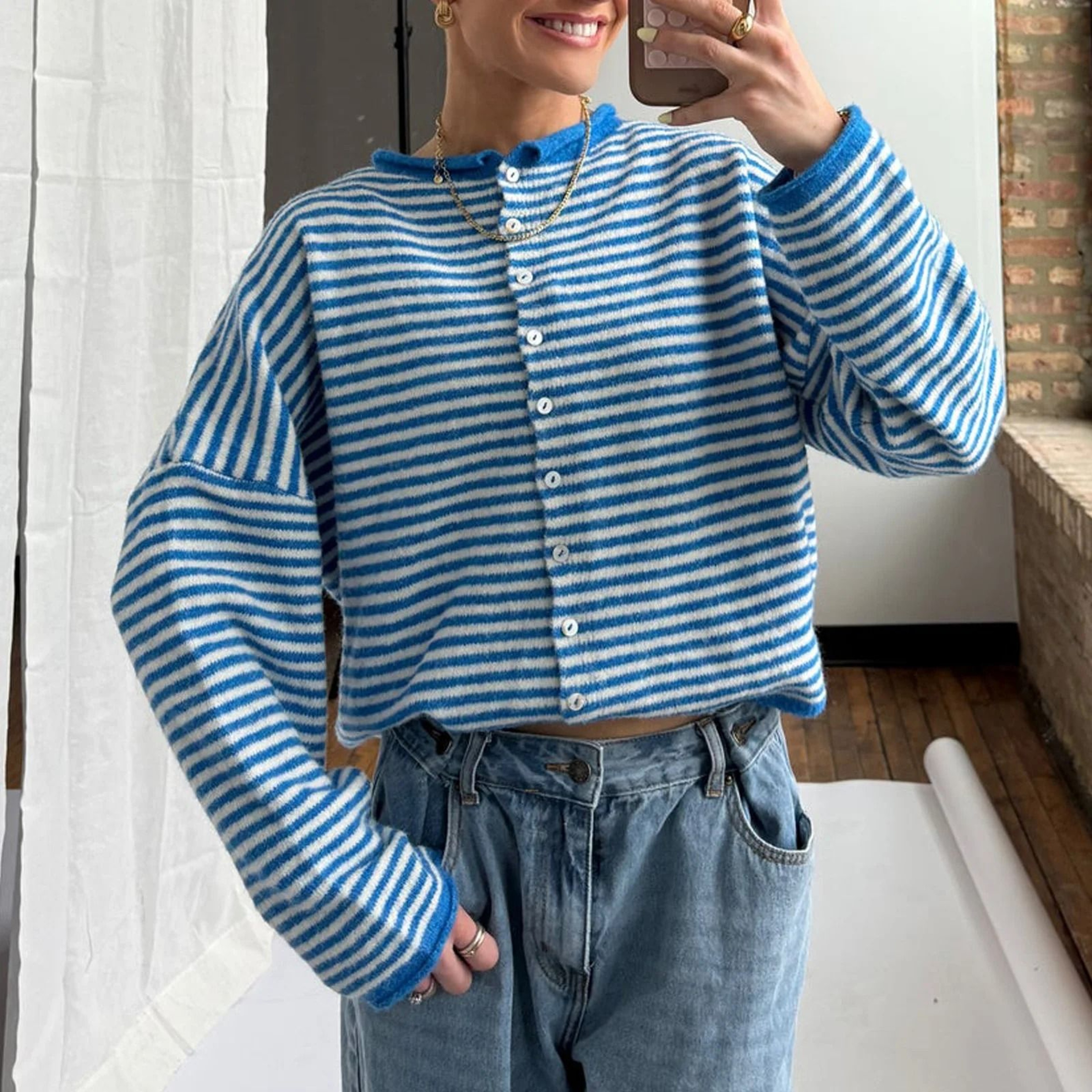 Womens Casual Striped Long Sleeve Knit Cardigan Sweaters 8