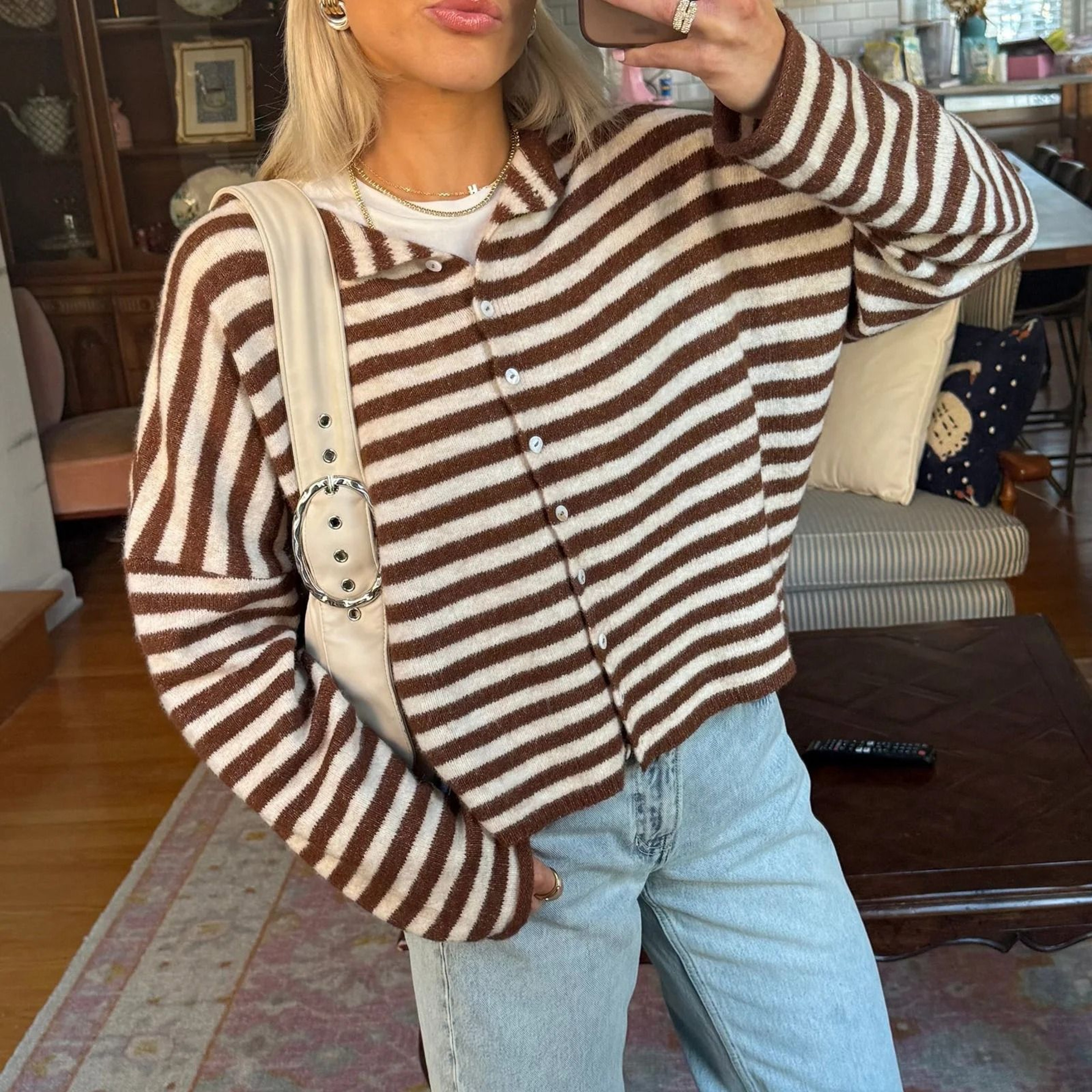 Womens Casual Striped Long Sleeve Knit Cardigan Sweaters 3