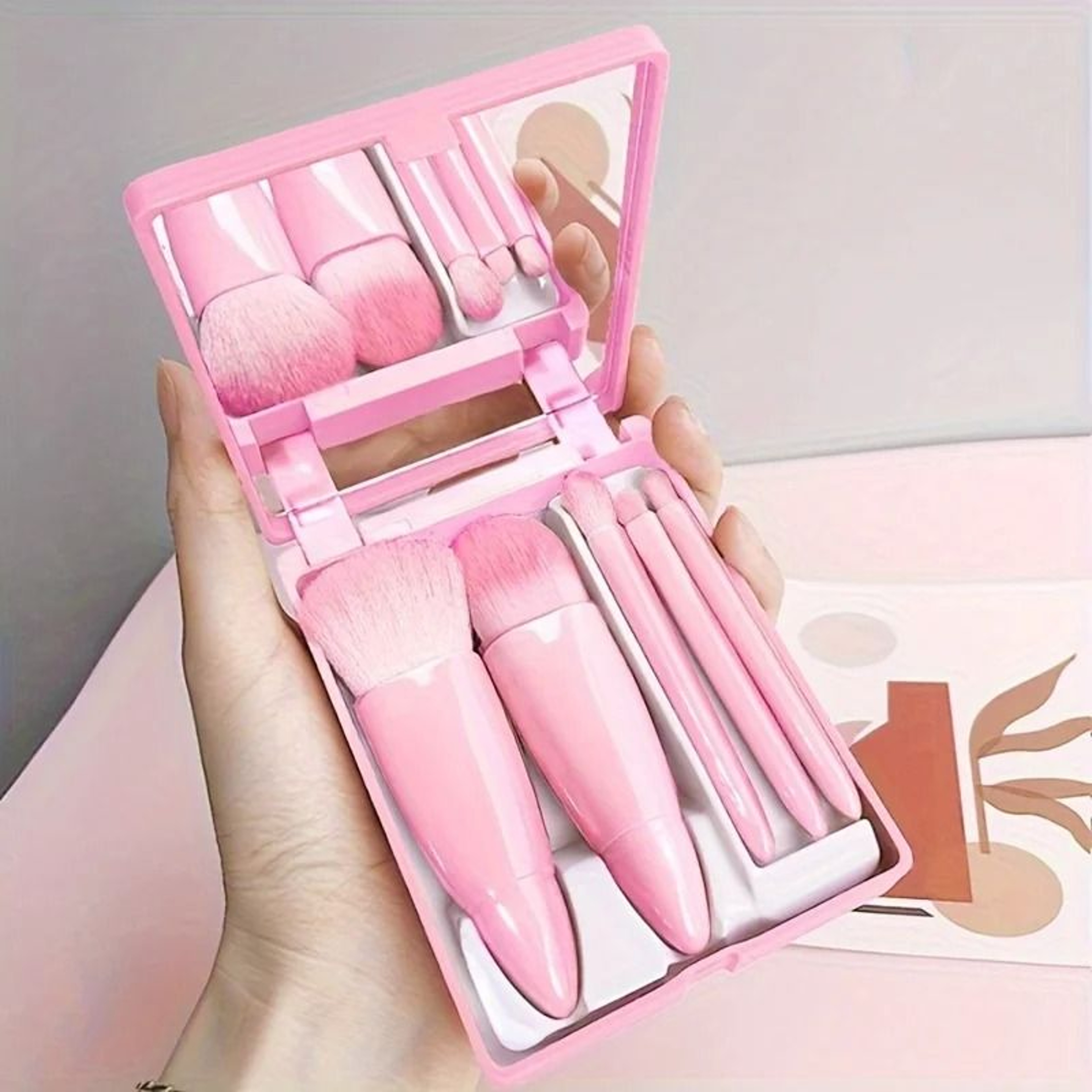 5Piece Portable Mini Travel Makeup Brush Set With Storage Case  BuiltIn Mirror 7