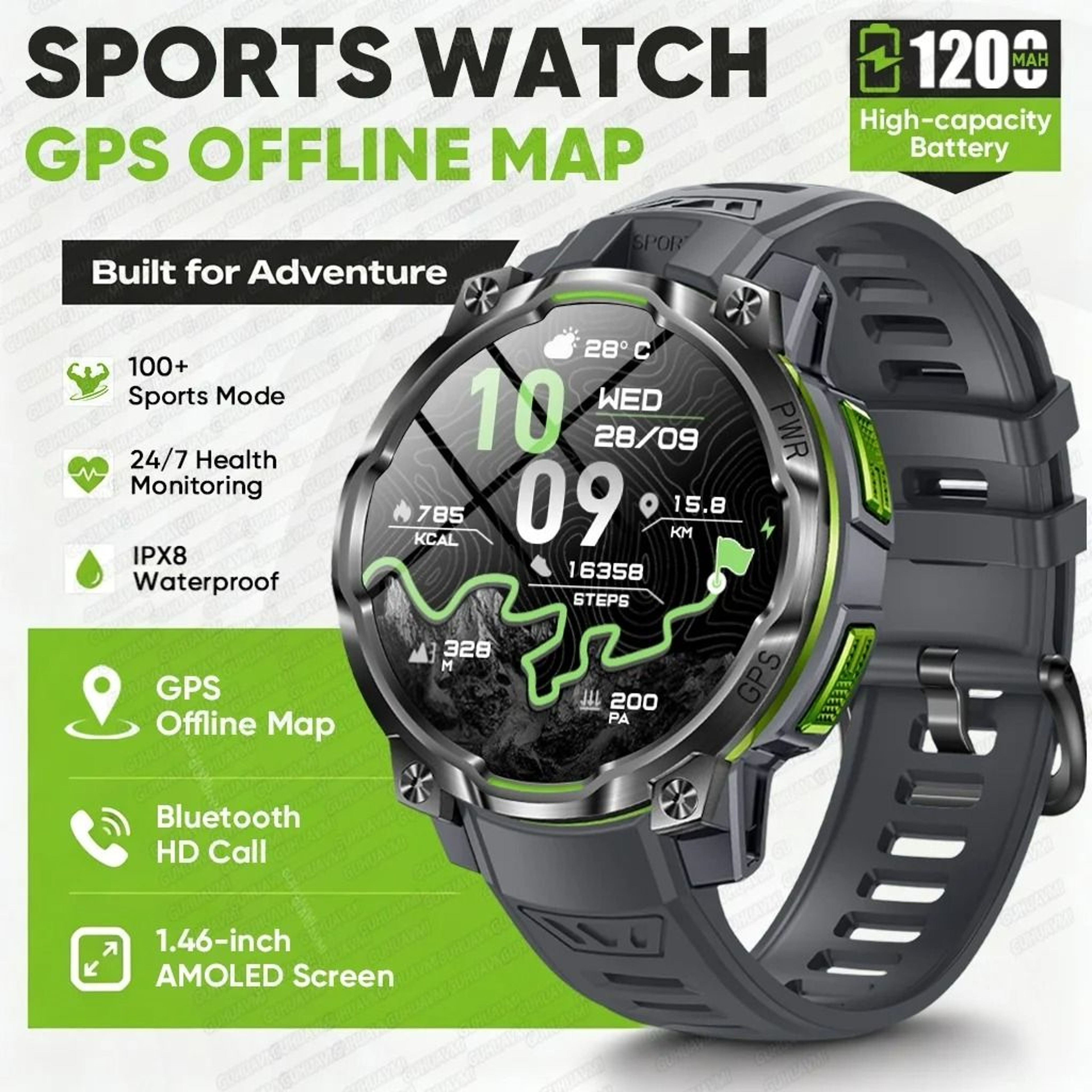 Mens Rugged GPS Outdoor Smartwatch With Offline Maps  1200mAh Battery 6