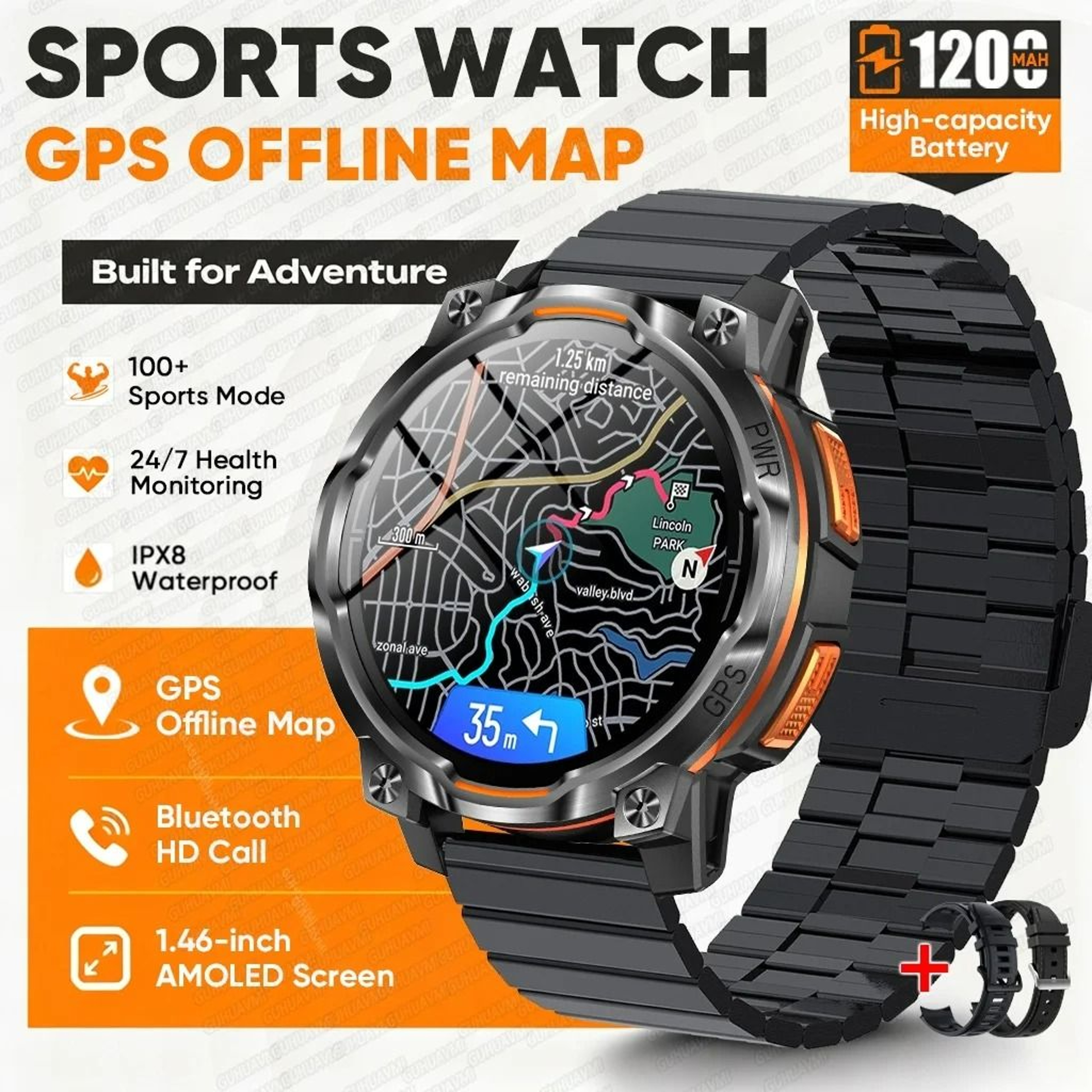 Mens Rugged GPS Outdoor Smartwatch With Offline Maps  1200mAh Battery 12