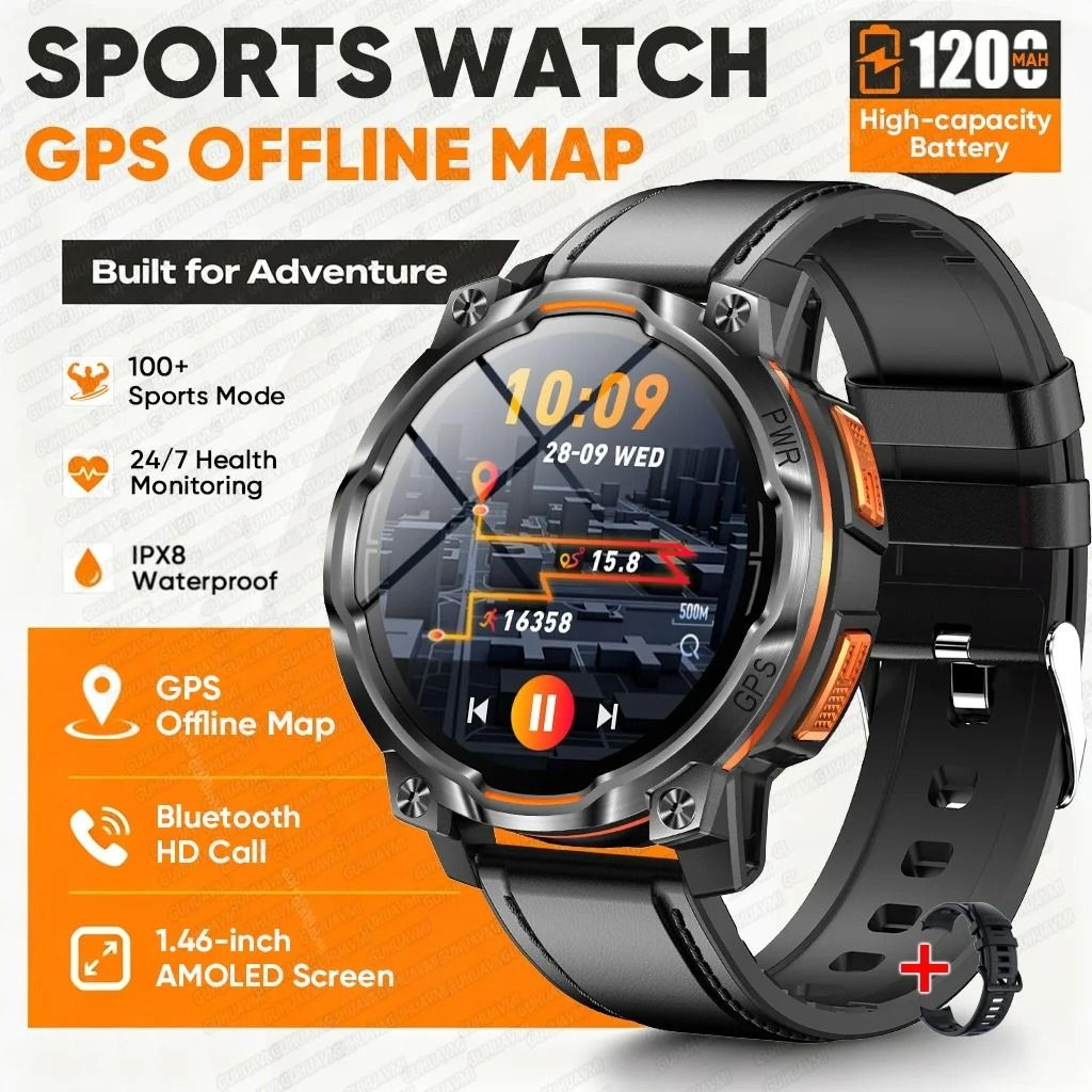 Mens Rugged GPS Outdoor Smartwatch With Offline Maps  1200mAh Battery 15