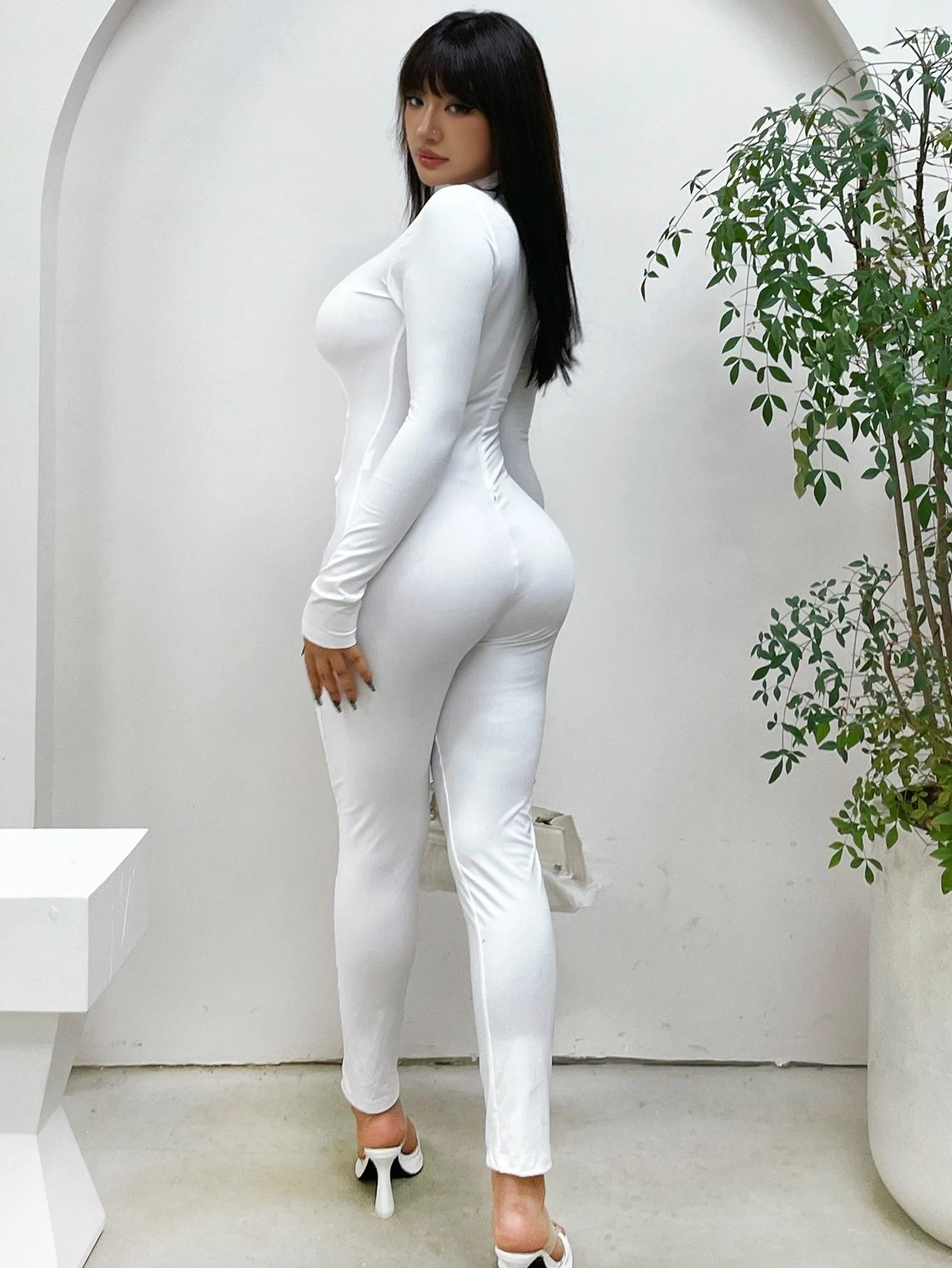 Womens LongSleeve StandUp Collar OnePiece Bodysuit  Fitness Jumpsuit 1