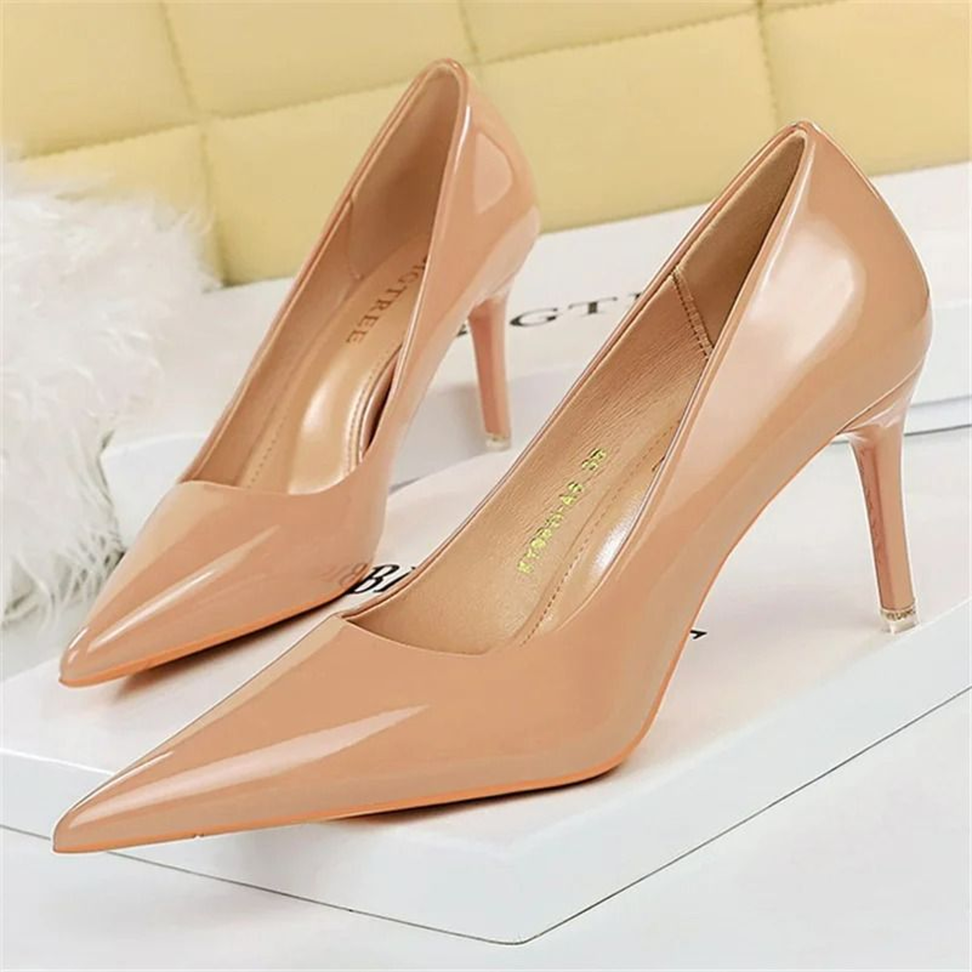 Classic Pointed Toe Stiletto Pumps In Metallic And Nude Finish 9