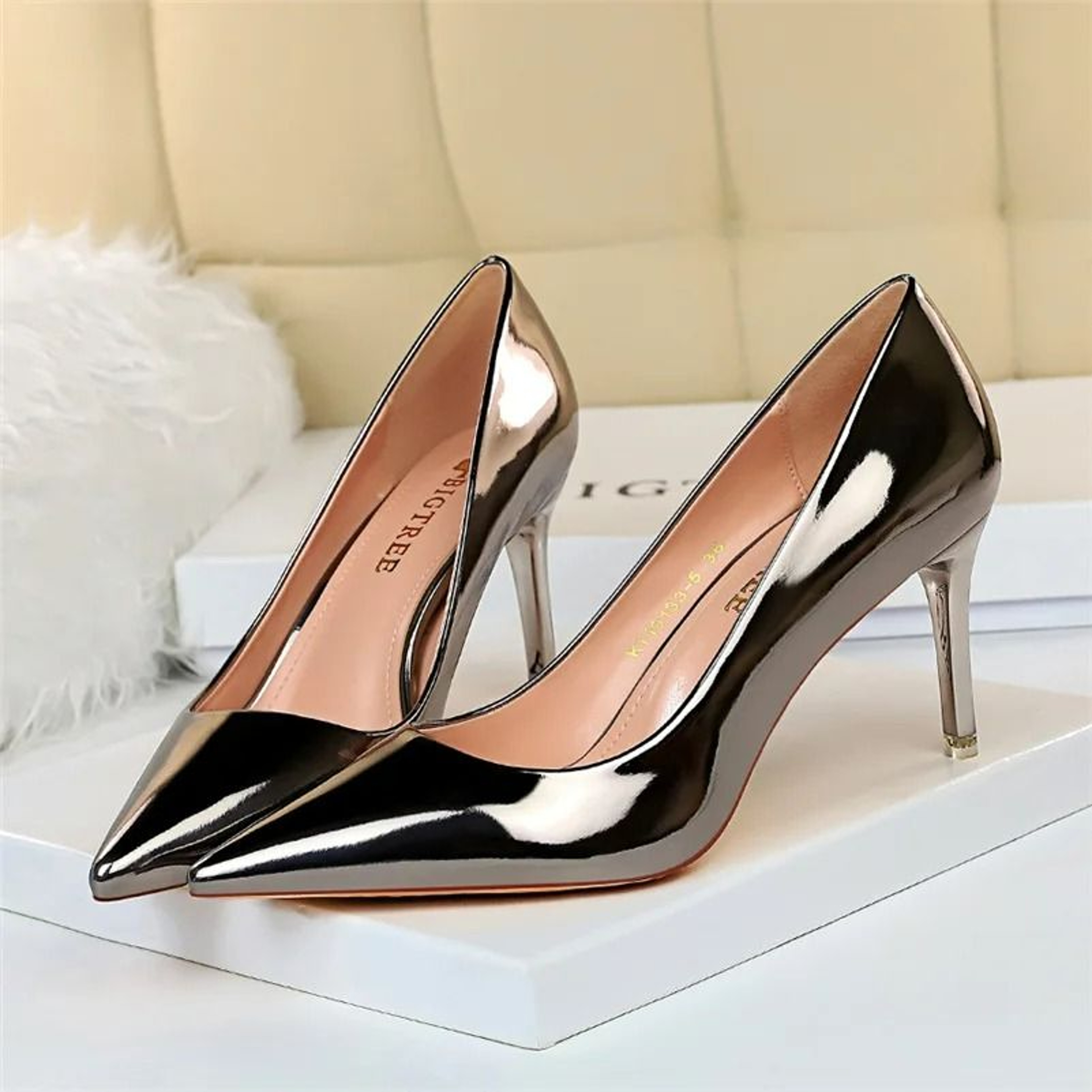 Metallic Patent Leather Stiletto Pumps In Radiant Gold And Silver 15