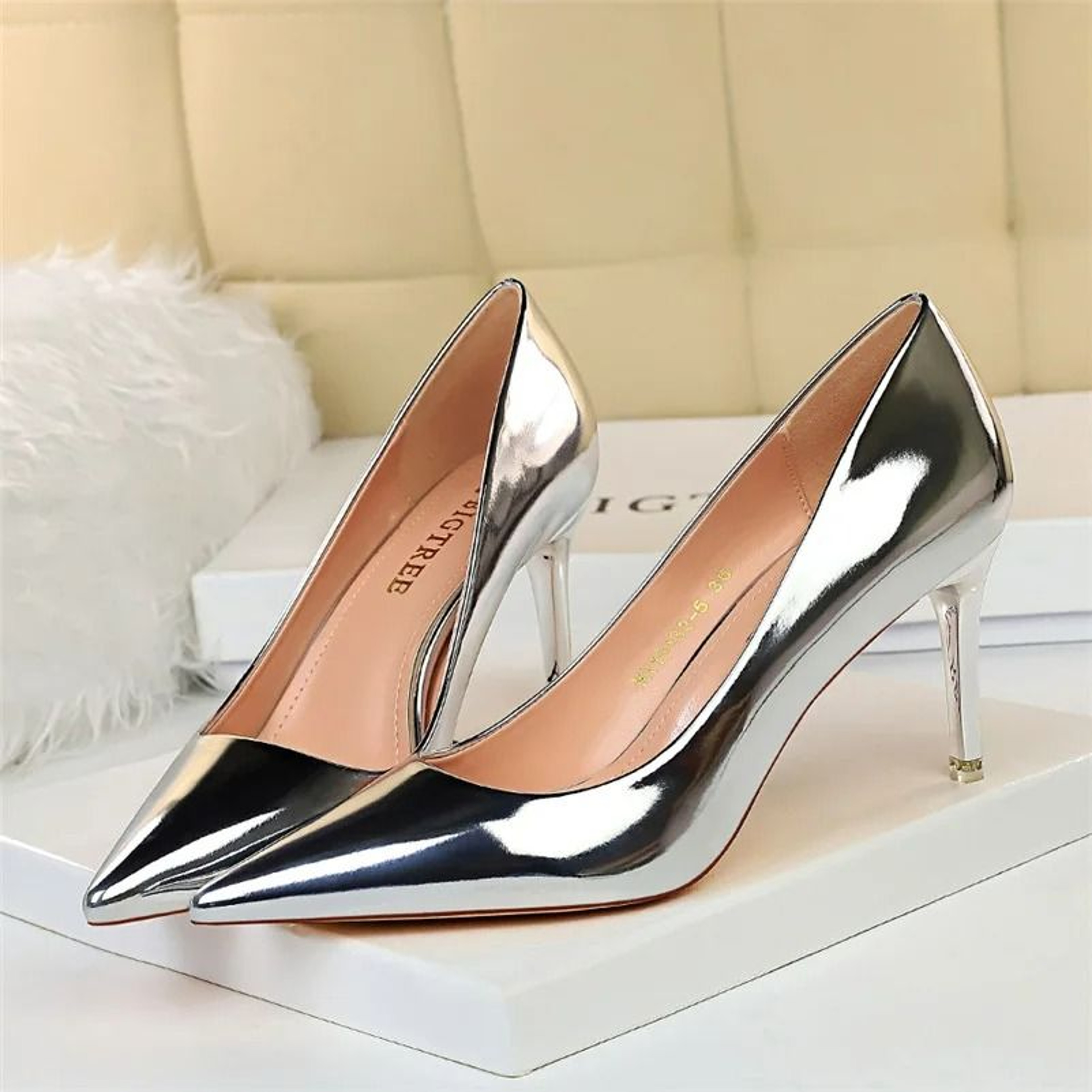 Metallic Patent Leather Stiletto Pumps In Radiant Gold And Silver 7