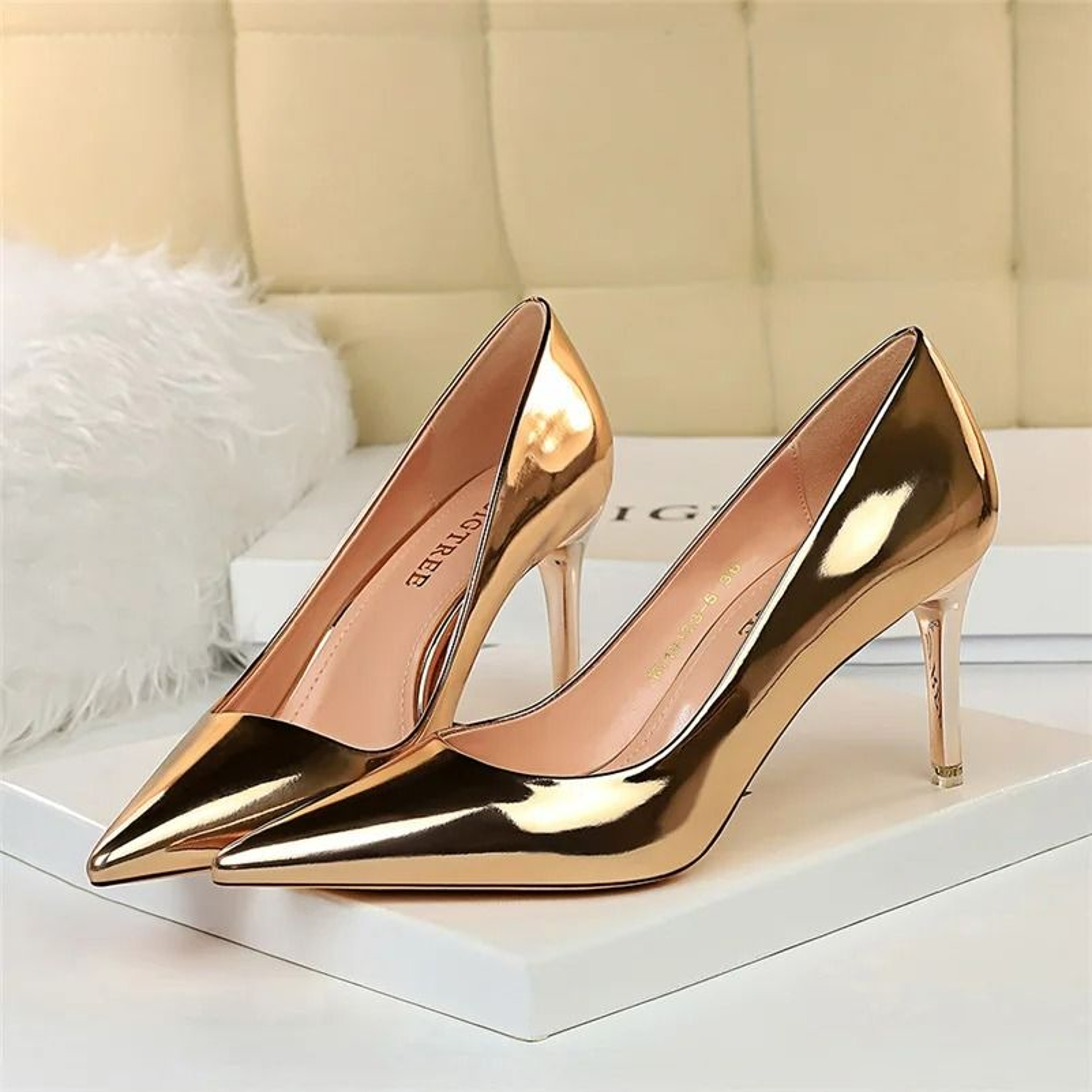 Metallic Patent Leather Stiletto Pumps In Radiant Gold And Silver 16