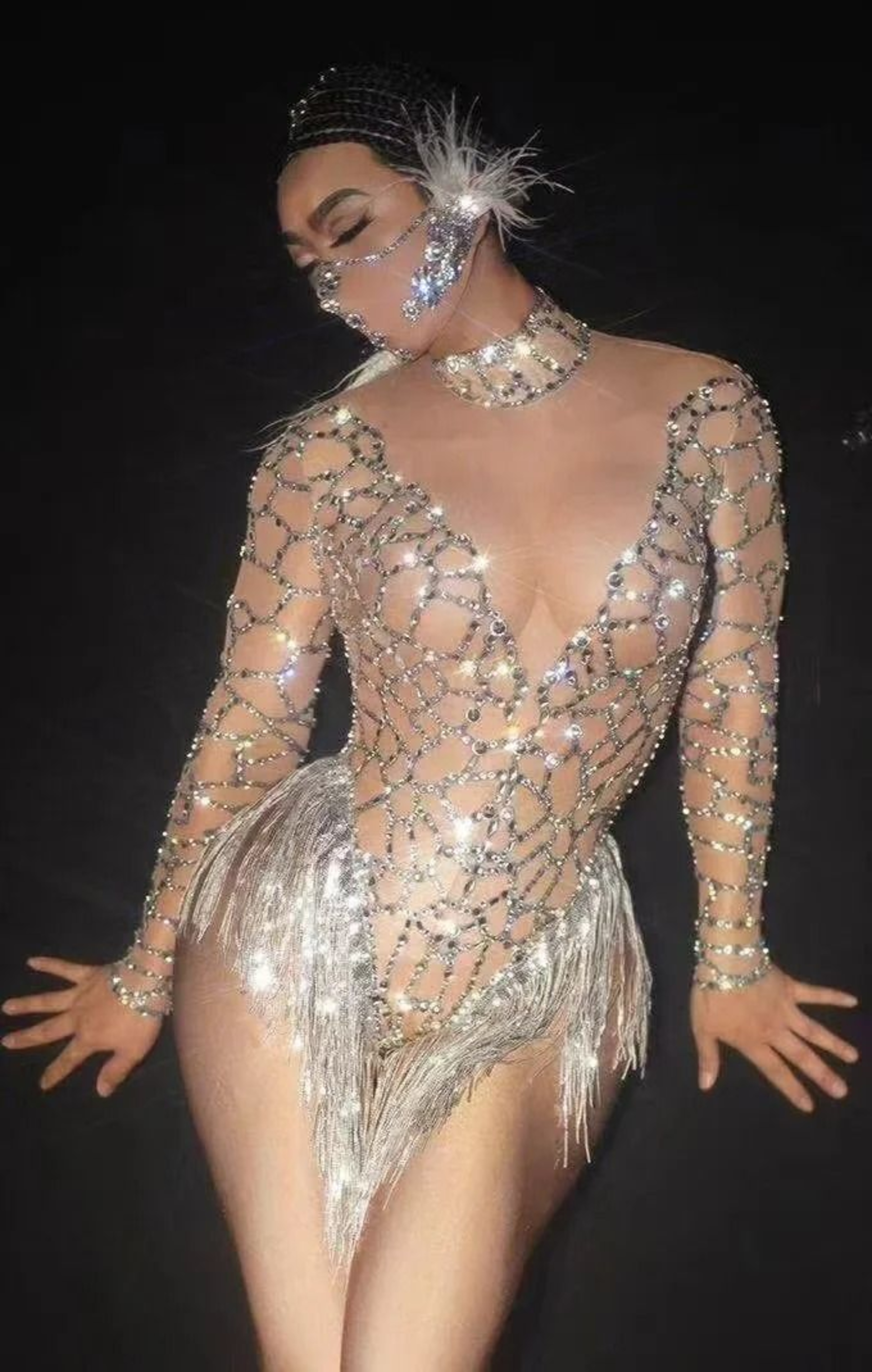 Sparkling Rhinestone Fringe Sheer Bodysuit Performance Costume 6