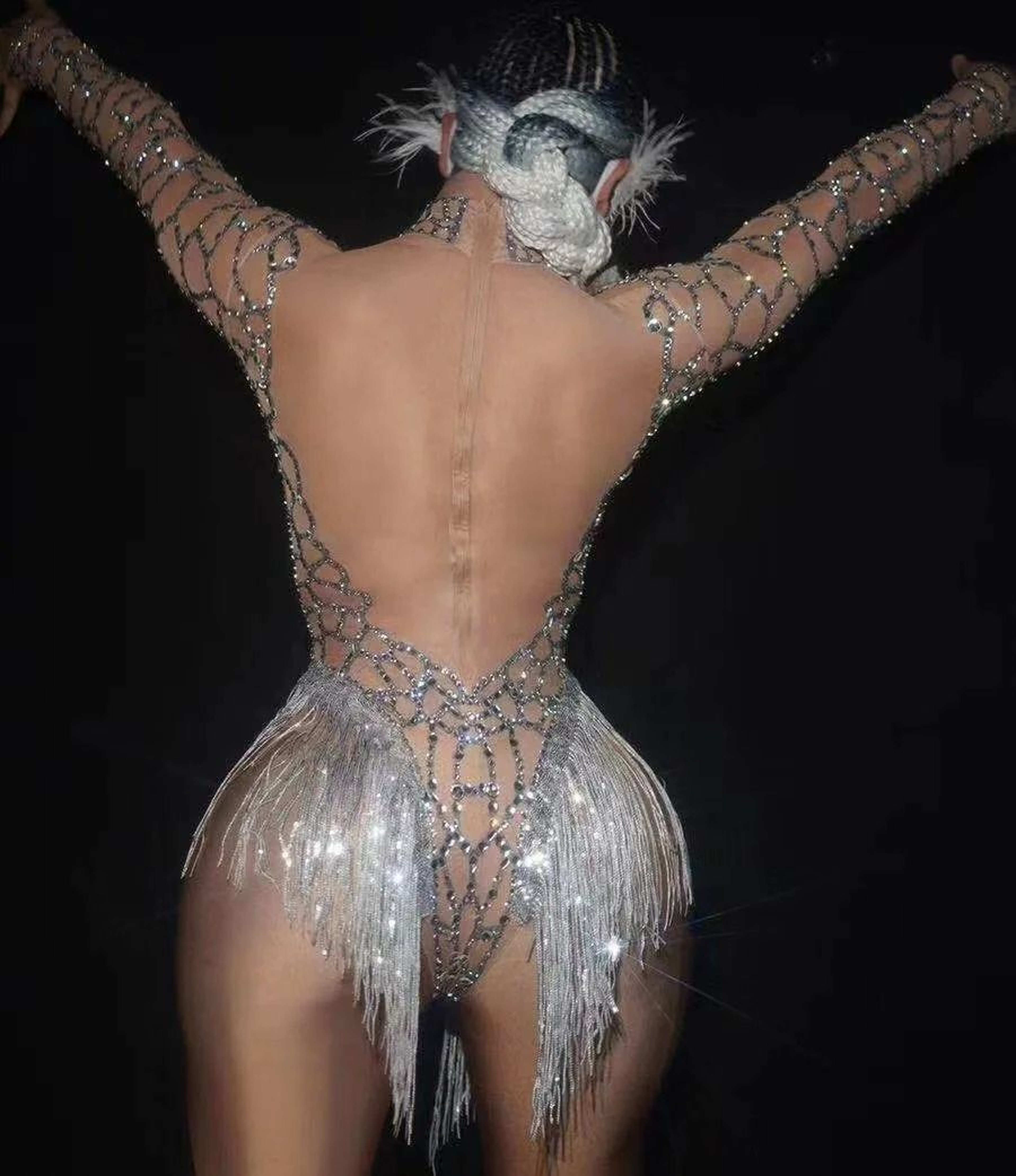 Sparkling Rhinestone Fringe Sheer Bodysuit Performance Costume 3