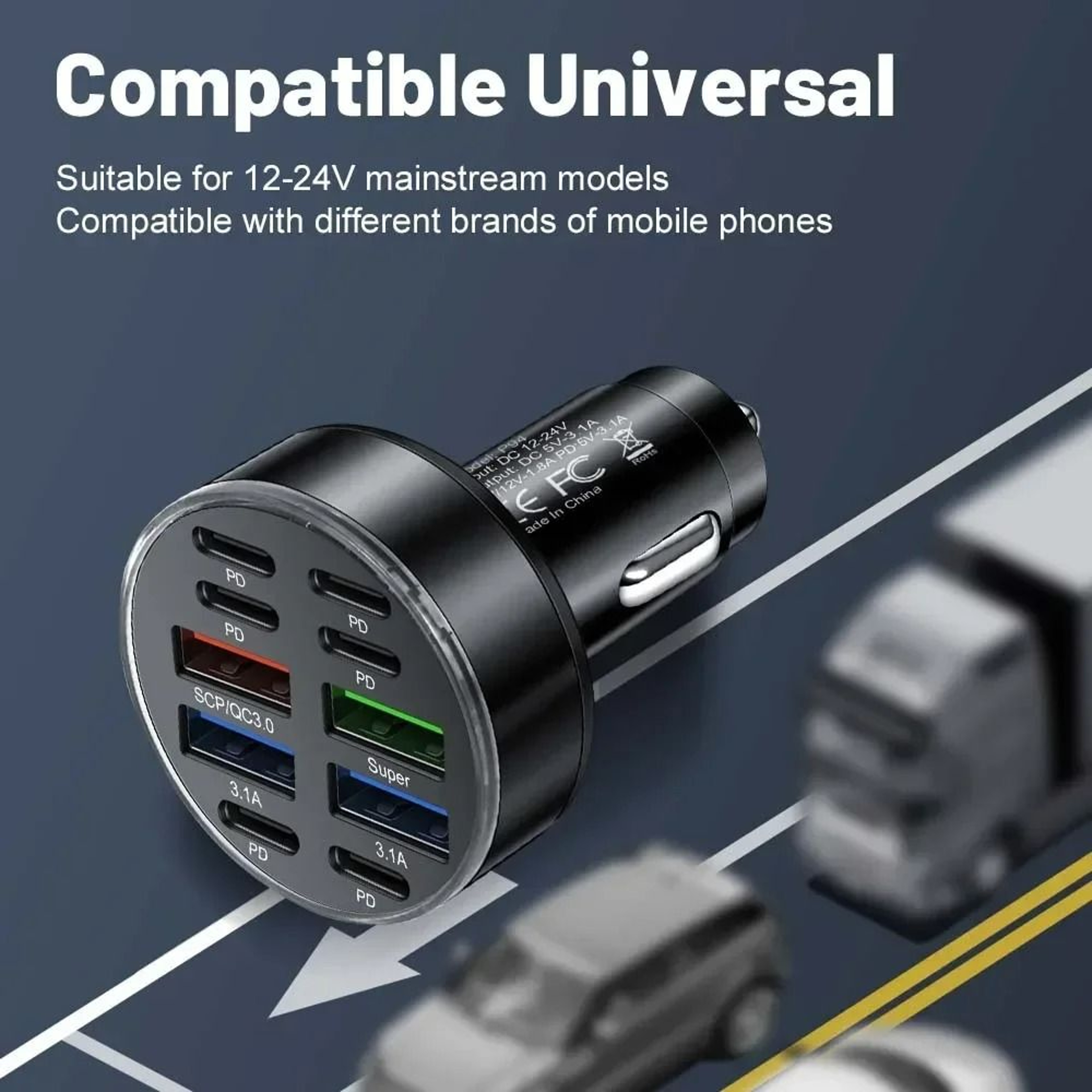 MultiPort 350W FastCharging 10Port USB  TypeC Car Adapter Hub 6