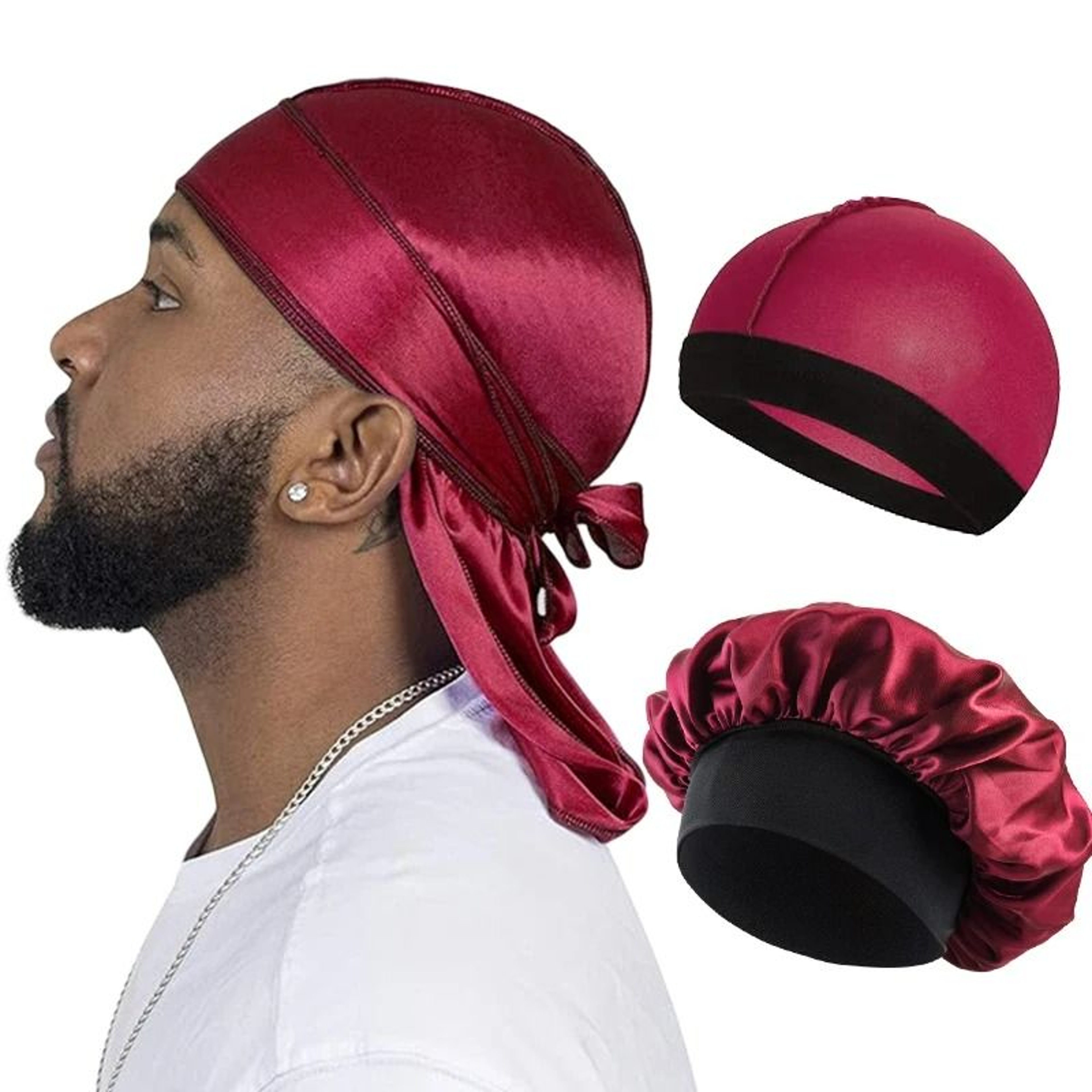 Premium Silky Durag And Wave Cap 3Piece Headwear Set 7