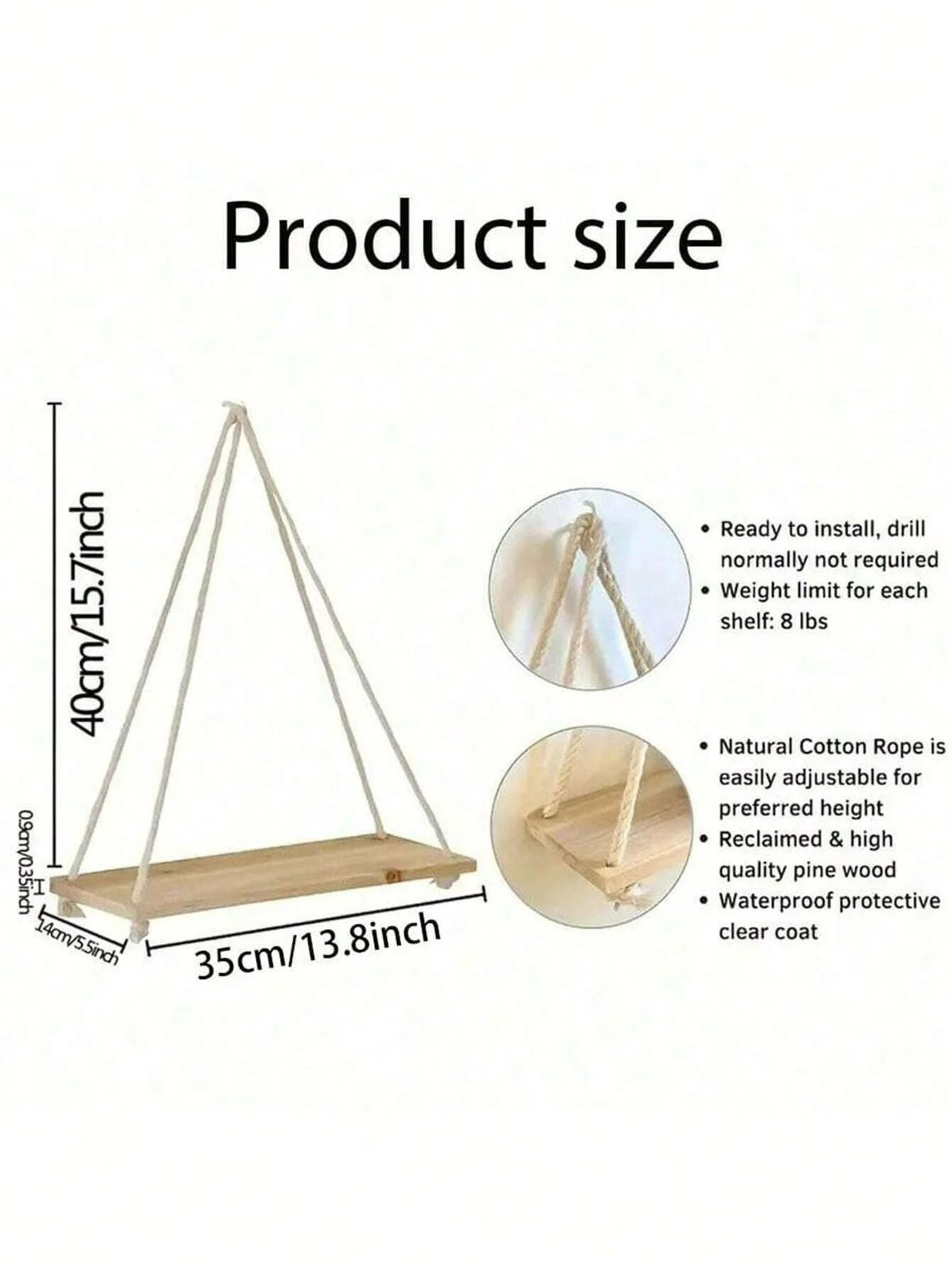 Rustic Wooden Swing Hanging Rope Wall Shelf  Floating Plant Tray Display 5