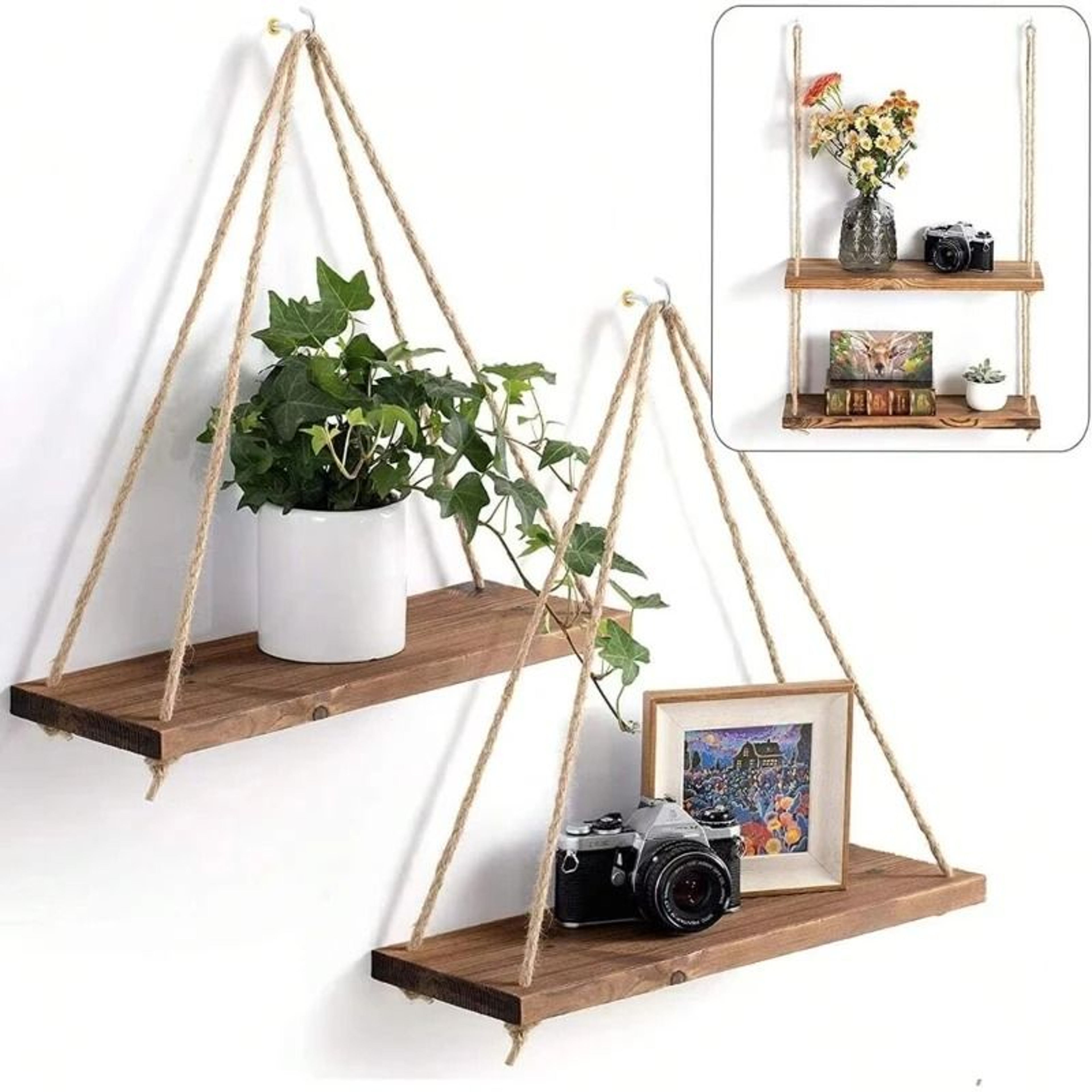 Rustic Wooden Swing Hanging Rope Wall Shelf  Floating Plant Tray Display 8