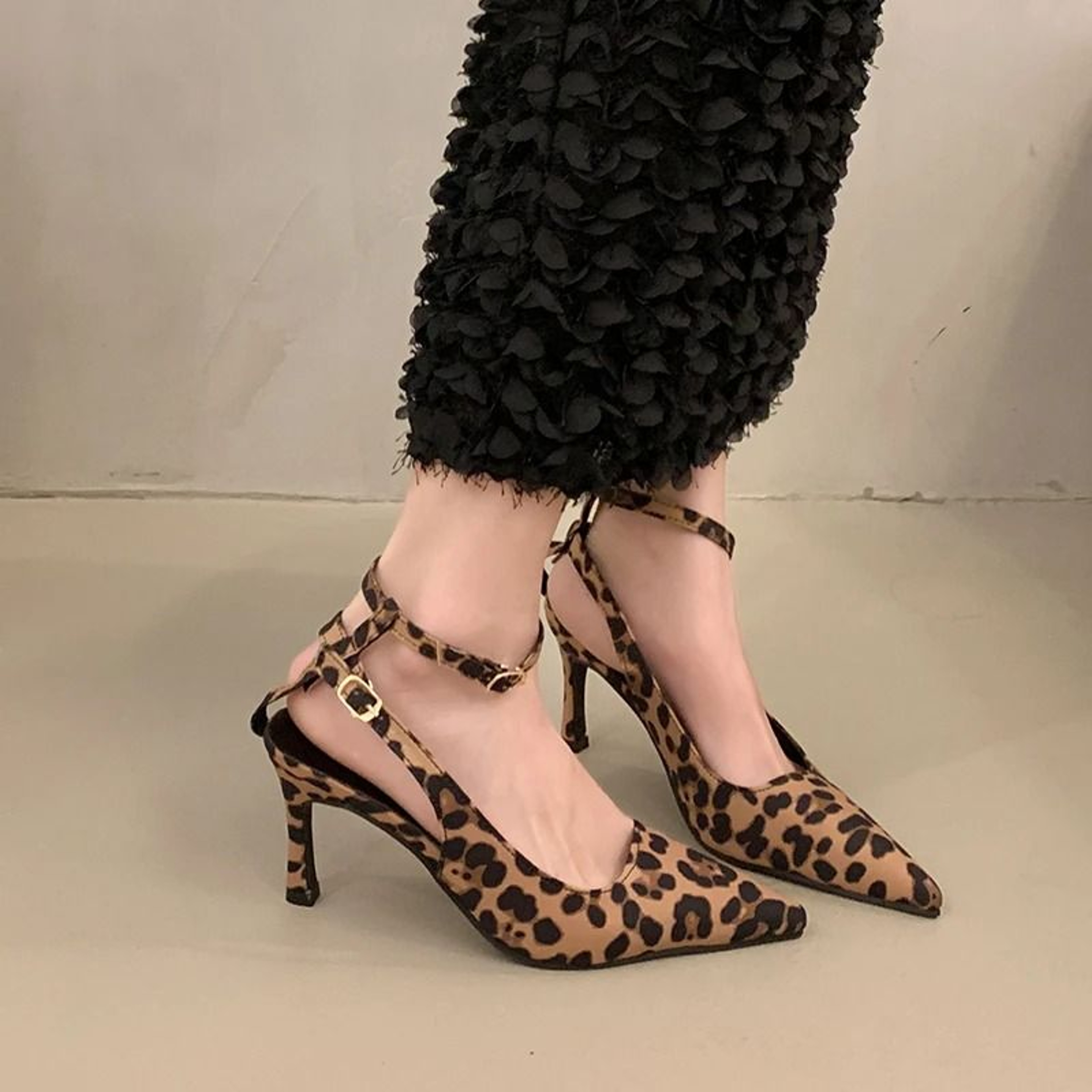 Sexy Leopard Print PointedToe Stiletto Sandals  LaceUp HighHeel Pumps 2