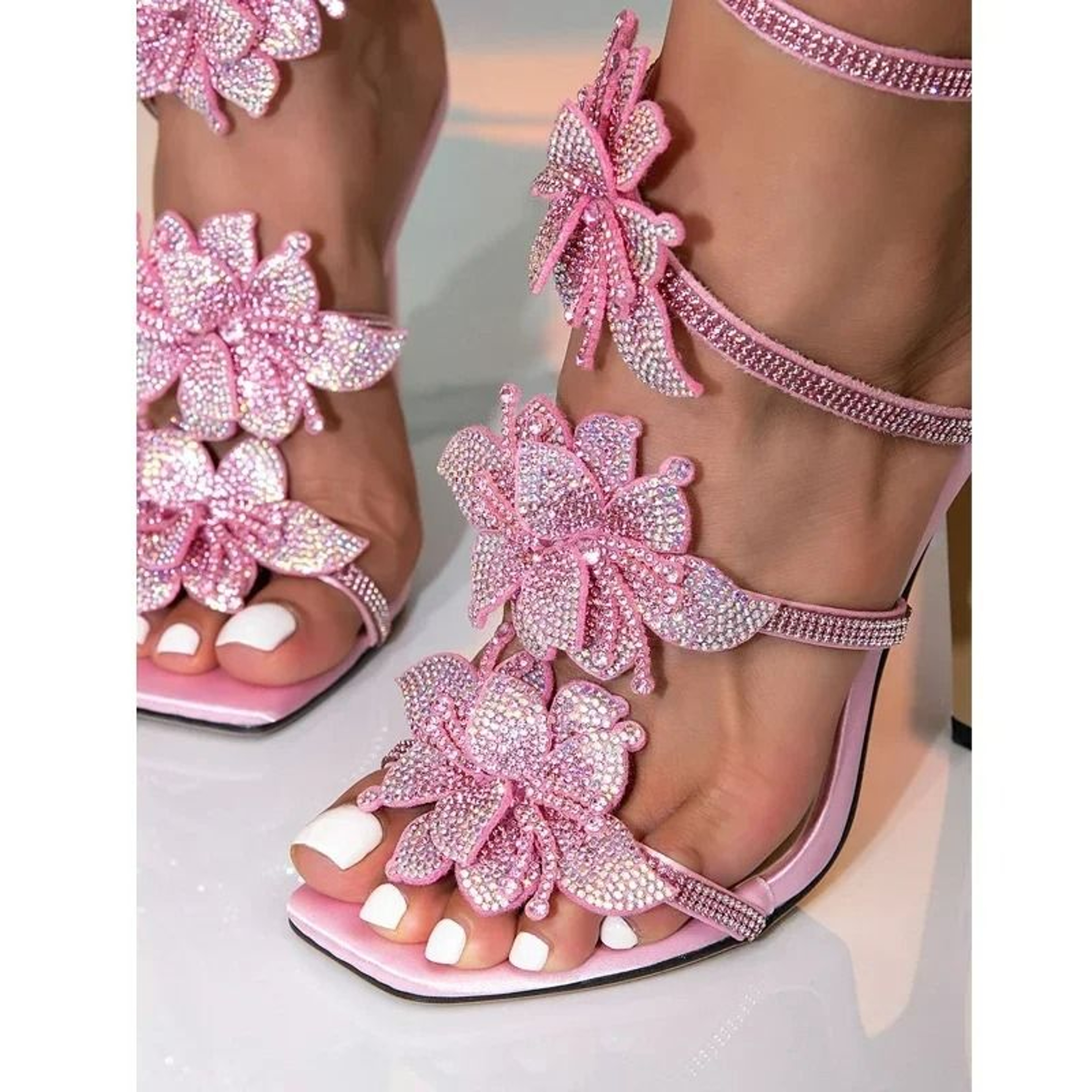 Crystal Embellished Pink Stiletto Gladiator Sandals  OpenToe Evening Wedding Heels 0
