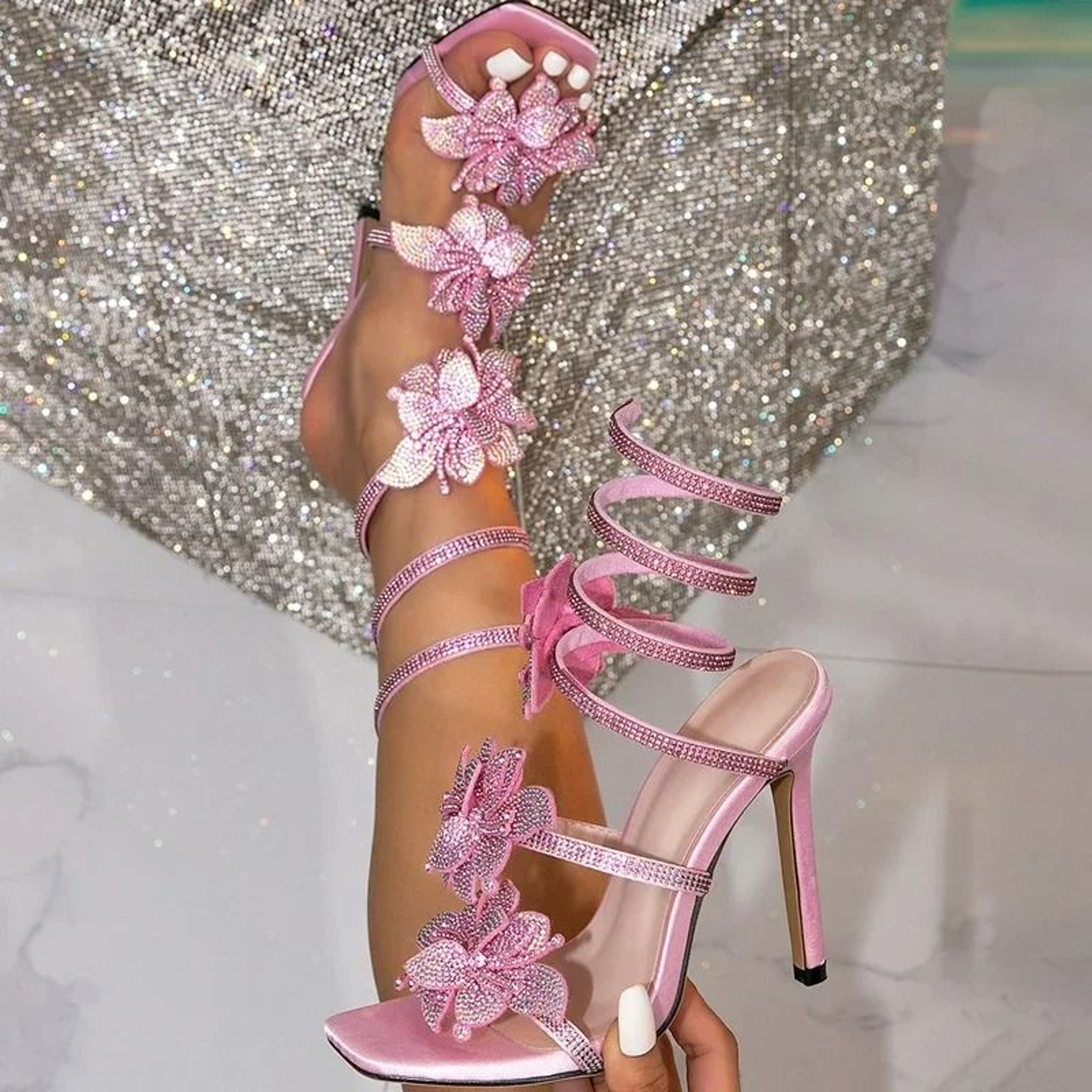 Crystal Embellished Pink Stiletto Gladiator Sandals  OpenToe Evening Wedding Heels 3